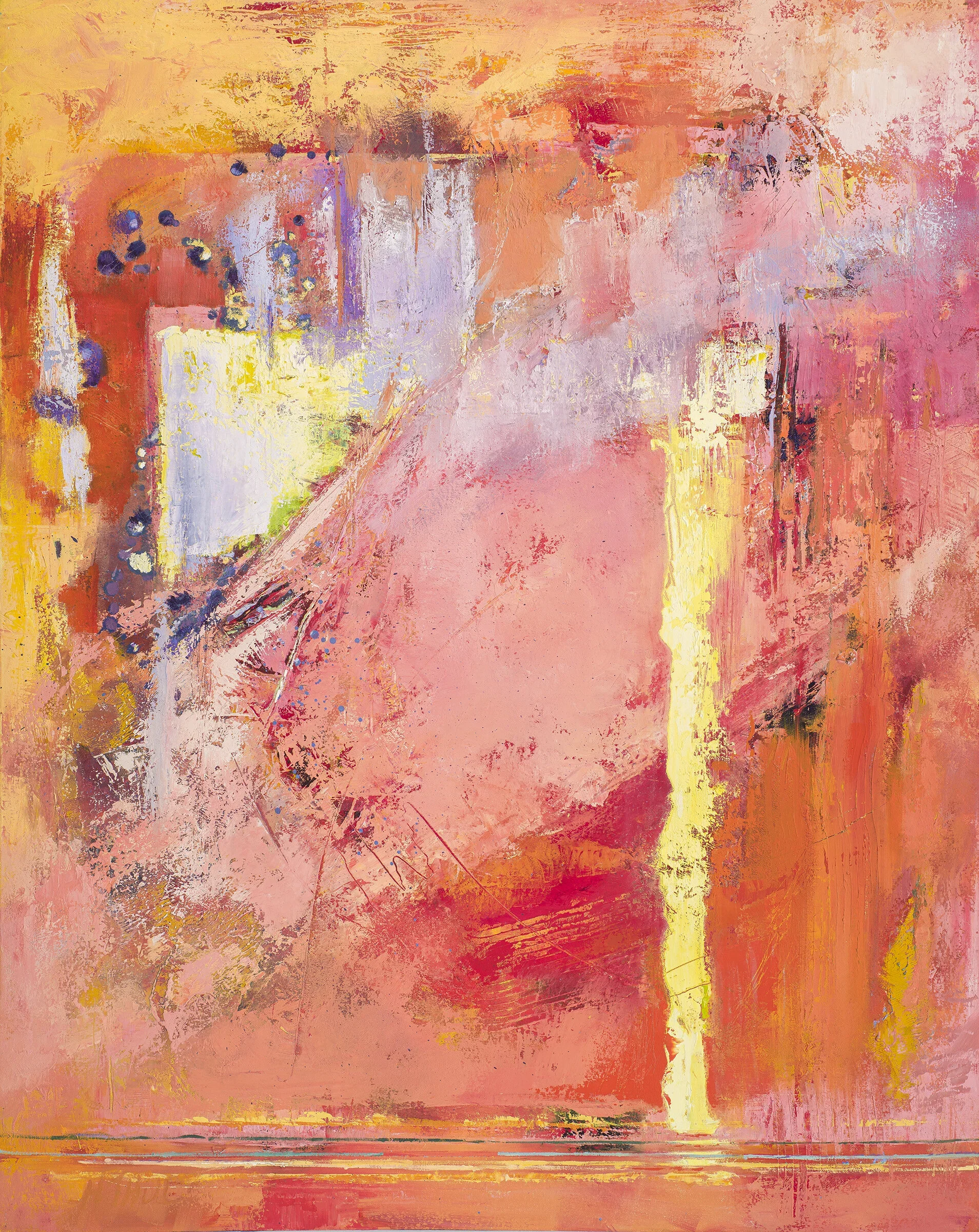 Abstract painting with pink, orange, yellow, purple, and blue brushstrokes, featuring a large pink shape in the center and scattered dots on the left side.