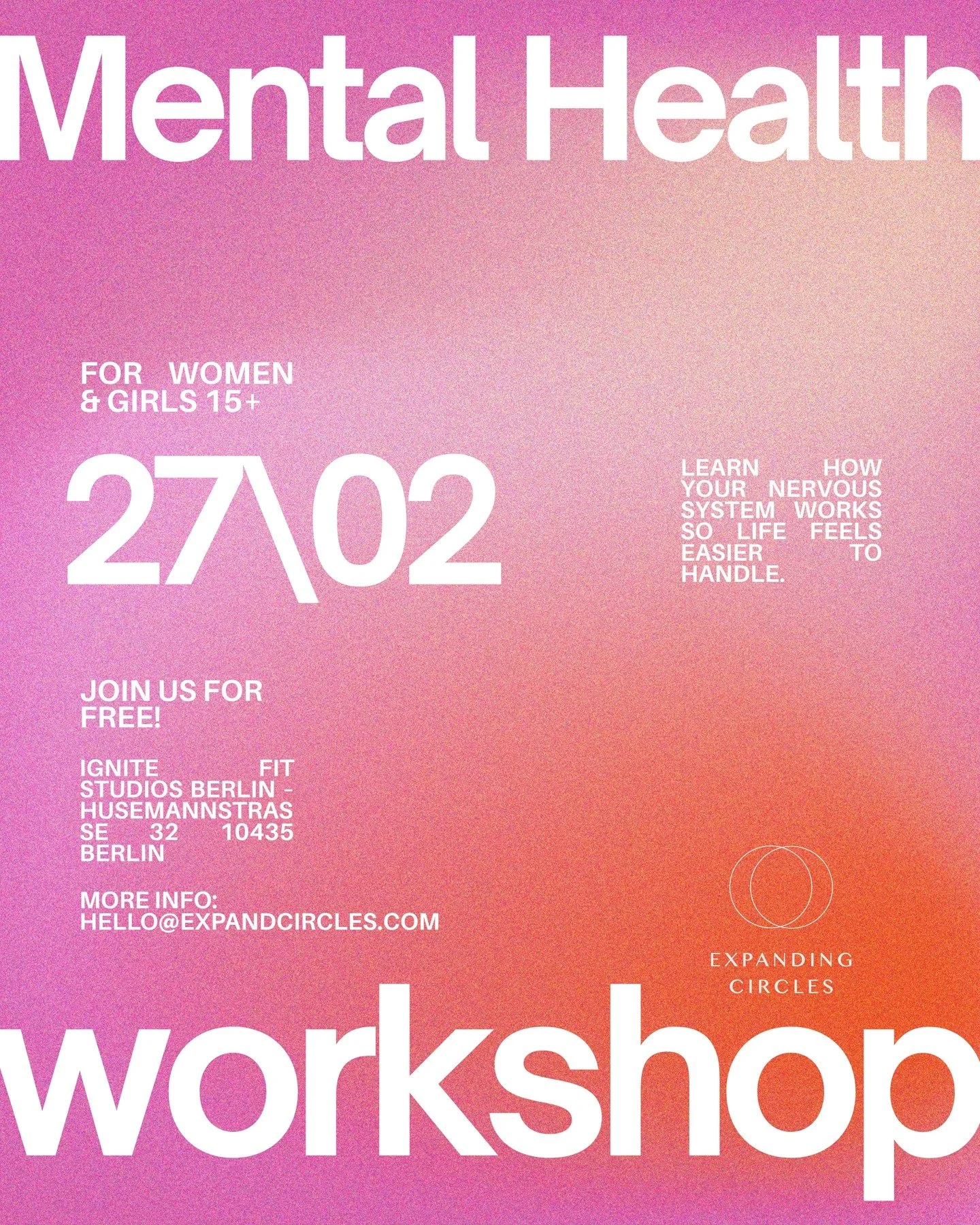 Free Workshop: Nervous System Education and Mental Health
Friday 27 February at 6:30 pm
Ignite Fit Studios Berlin &ndash; Husemannstrasse 32 10435 Berlin

Learn how your nervous system works so life feels easier to handle.

We&rsquo;re hosting a free