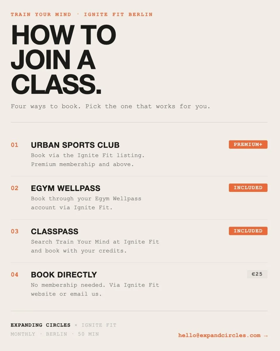 Joining a class is straightforward &mdash; here's how it works.
If you have Urban Sports Club Premium or above, Egym Wellpass, or ClassPass, the class is included in your membership. Just find it through the Ignite Fit listing on whichever platform y