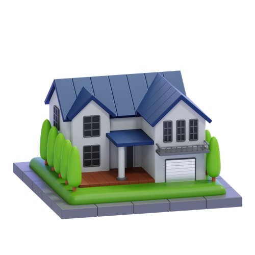 A 3D model of a two-story house with a blue roof, white walls, a garage, and surrounding green trees on a small plot of land.
