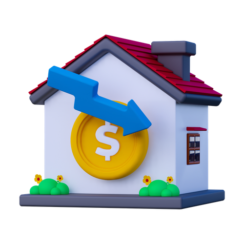 A stylized house with a large yellow dollar sign and a blue downward arrow indicating a decrease in housing prices or value.