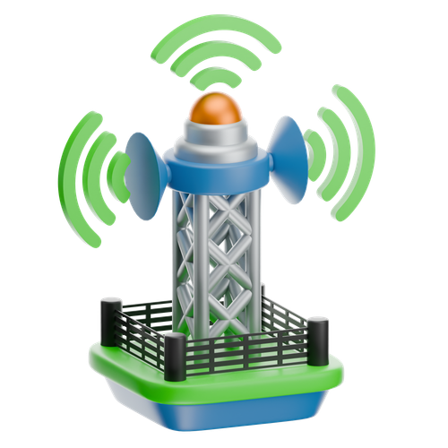 Toy lighthouse with antennas emitting Wi-Fi signals, surrounded by a green and black fence.