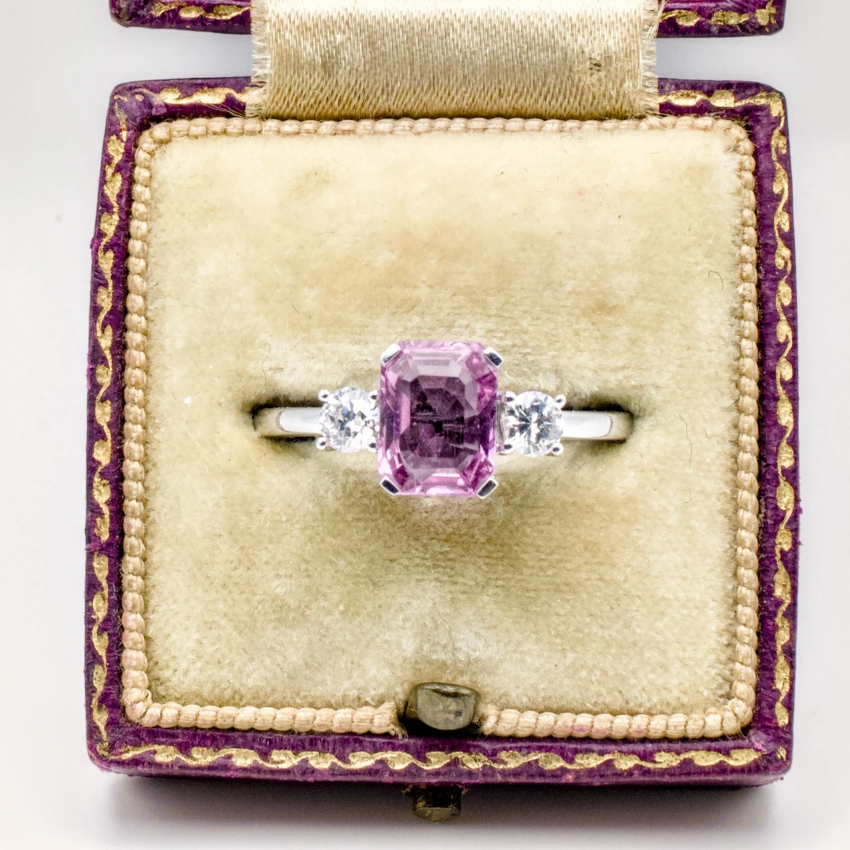1.77ct Pink Sapphire and Diamond Trilogy Ring in 18ct White Gold