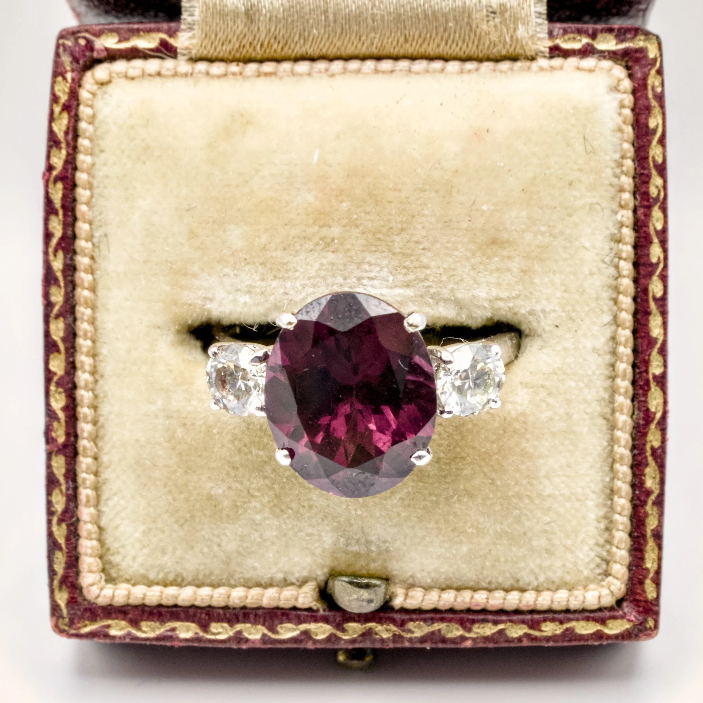 18ct White Gold Garnet & 0.60ct Old-Cut Diamond Trilogy Ring