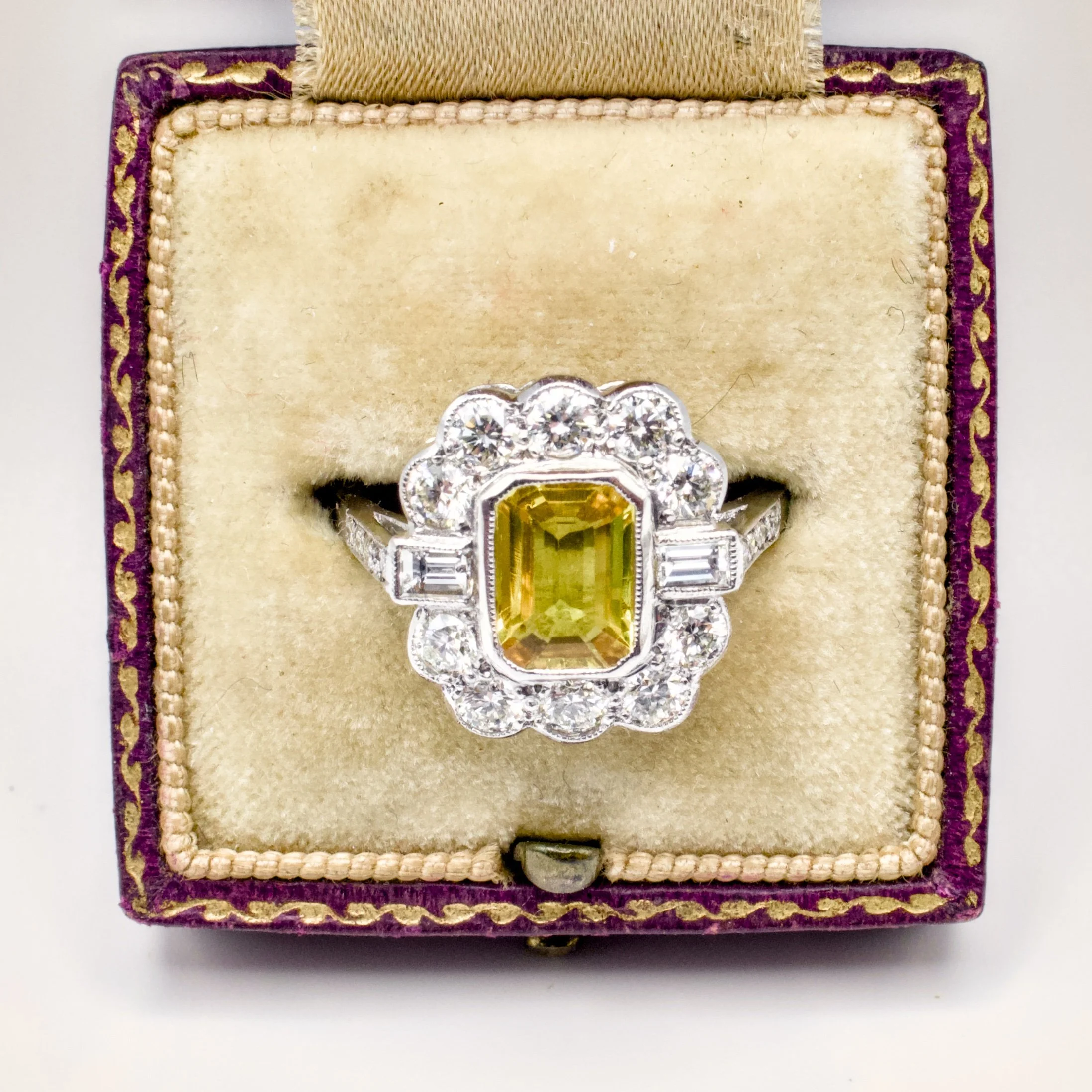 Art Deco-Style 1.6ct Yellow Sapphire & 1.1ct Diamond Halo Ring
