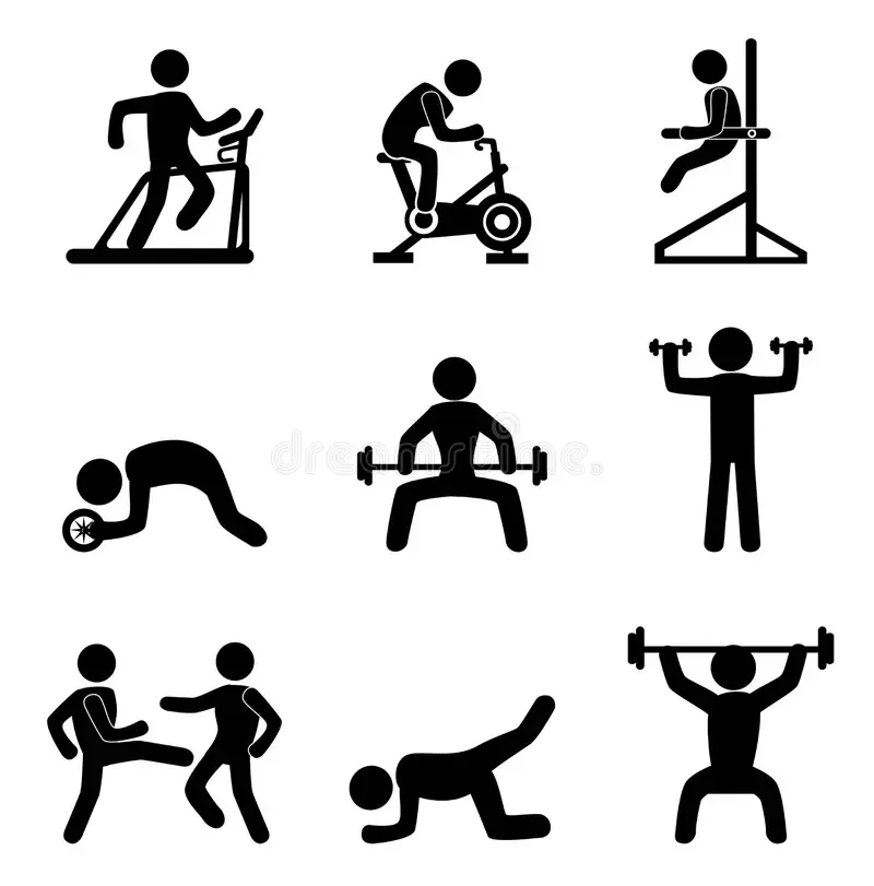 Silhouettes of people exercising: walking on a treadmill, riding a stationary bike, using a seated leg press, doing a wheelbarrow exercise, lifting dumbbells, lifting a barbell overhead, kicking with a foot wheel, stretching with a leg wheel, doing martial arts kicks, crawling, and lifting a barbell overhead.