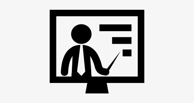 Icon of a person in front of a presentation screen with a pointer, indicating a business or educational presentation.