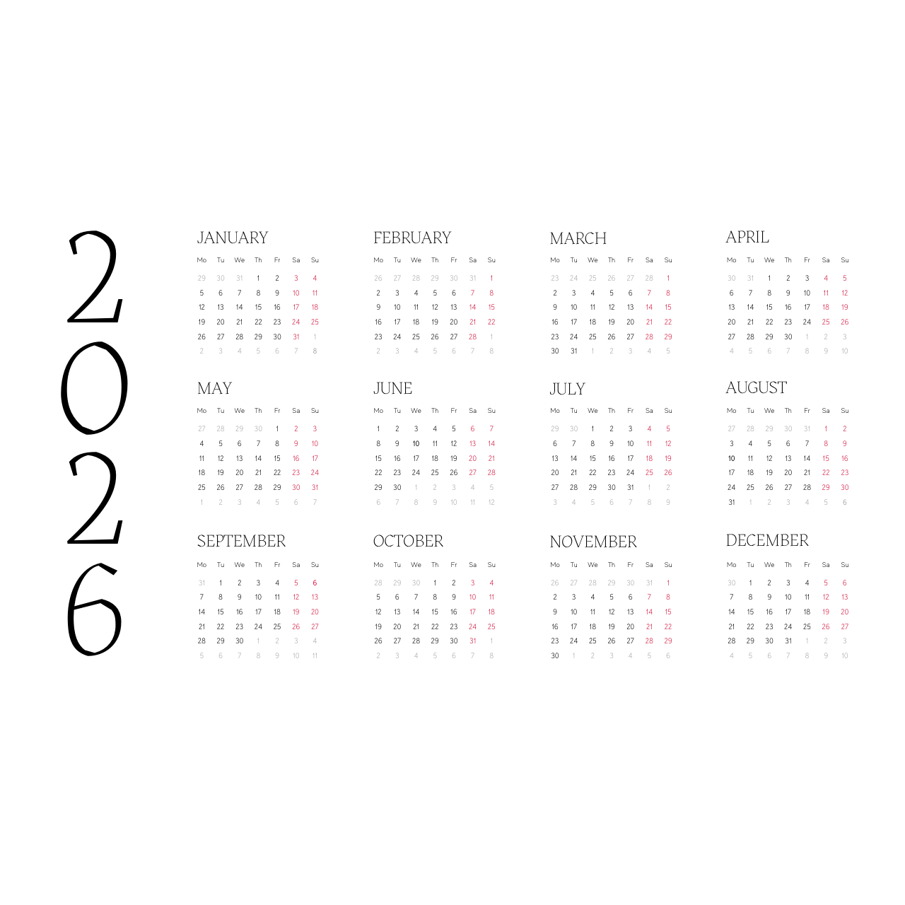 2026 calendar with months arranged in a grid. Large "2026" on the left side.