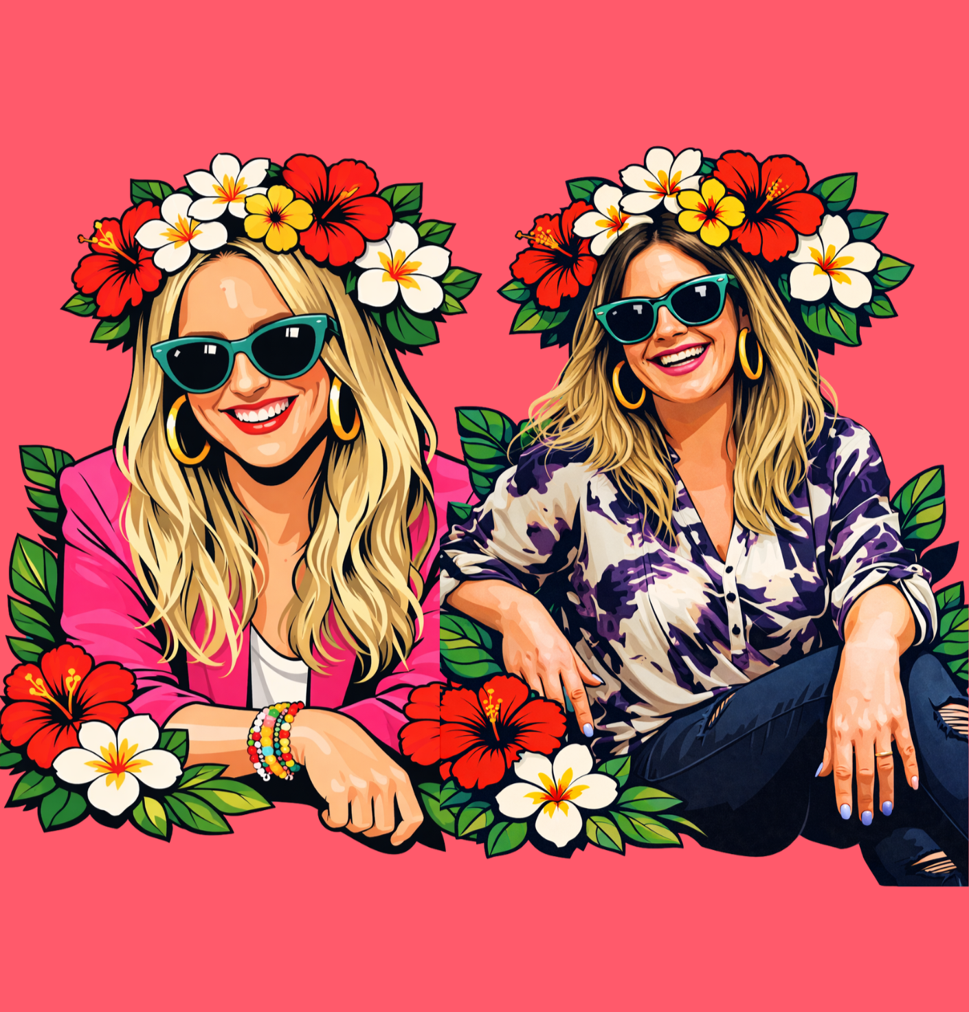 Illustration of Lindsay and Lynn wearing flower crowns, sunglasses, and sitting among hibiscus and plumeria flowers against a pink background.