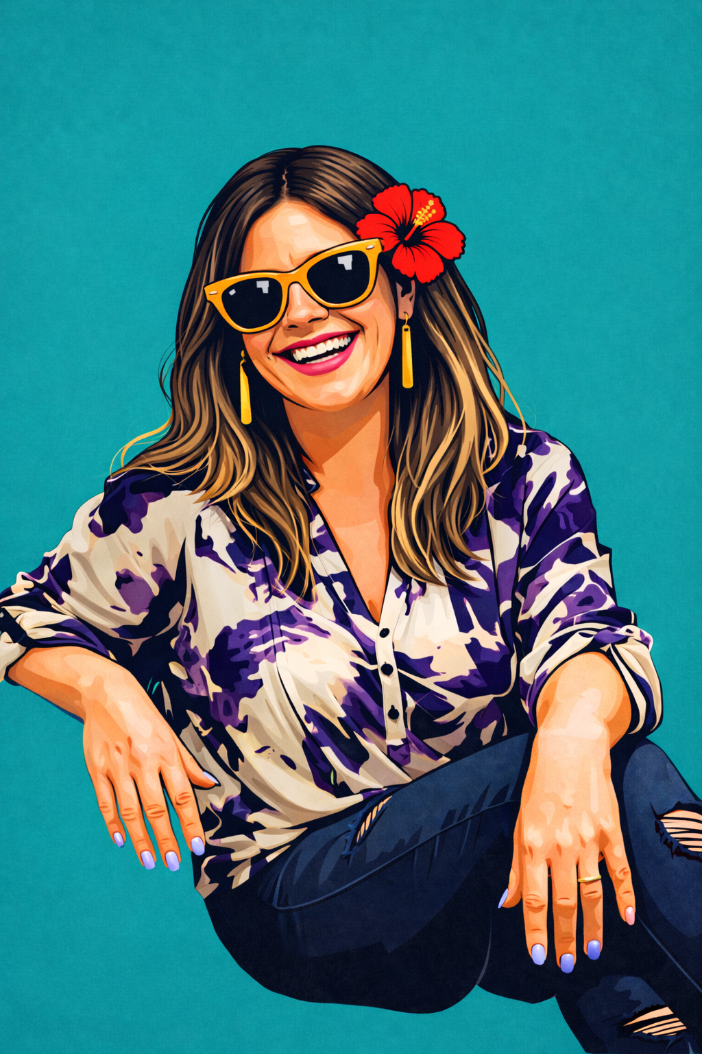Digital illustration of Lynn Blackburn with long brown hair wearing yellow sunglasses, a red hibiscus flower in her hair, yellow earrings, a purple animal print shirt, and dark jeans, smiling against a teal background.