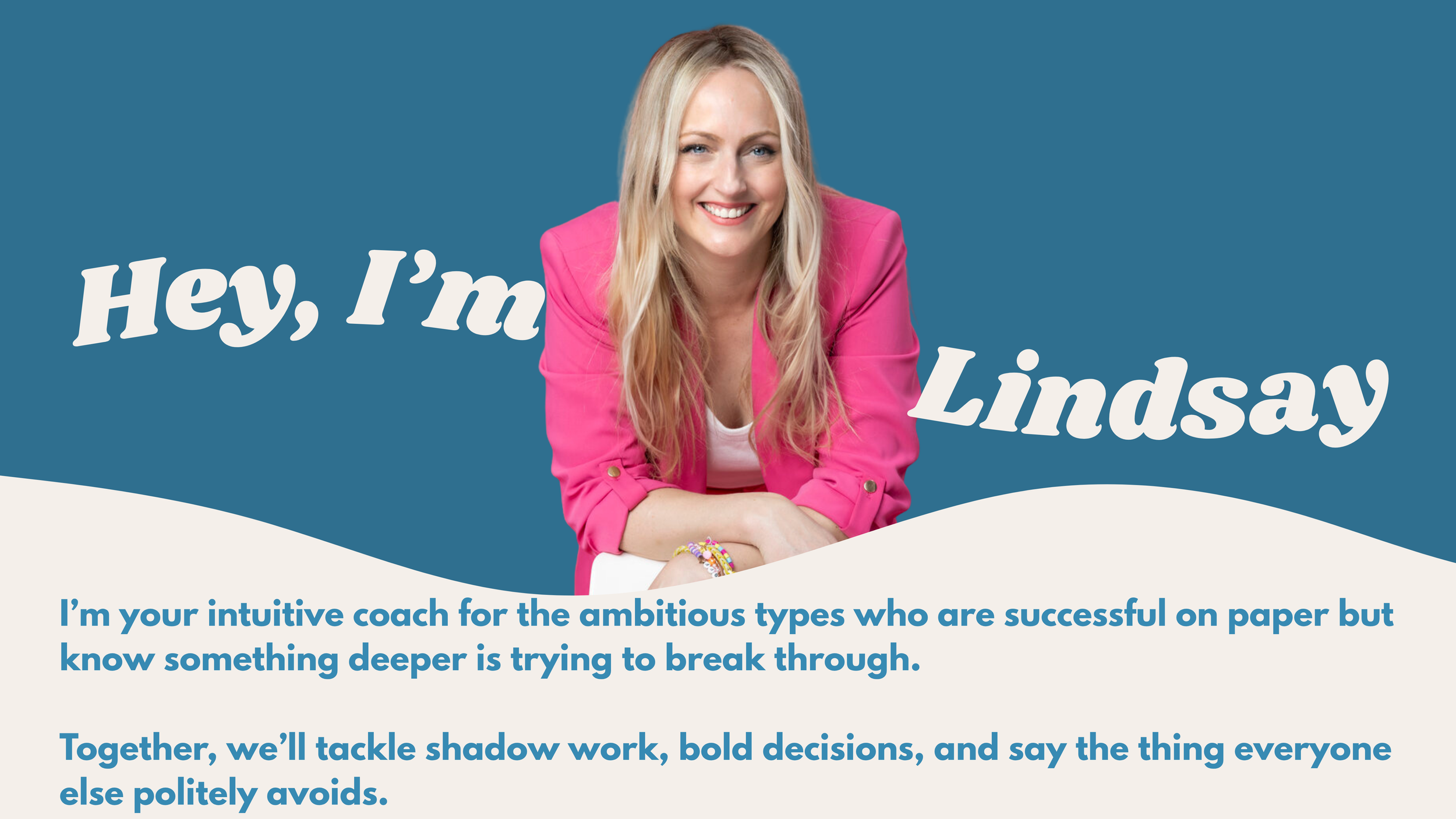 Lindsay, a smiling woman with long blonde hair wearing a pink blazer. Text overlay says, 'Hey, I'm Lindsay.'