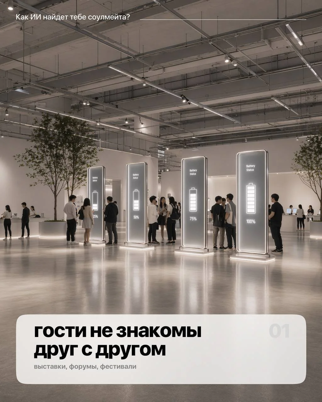Концепция коннекциониринга по заряду телефона: гости распределяются по группам до 25%, 50%, 75% и полный заряд