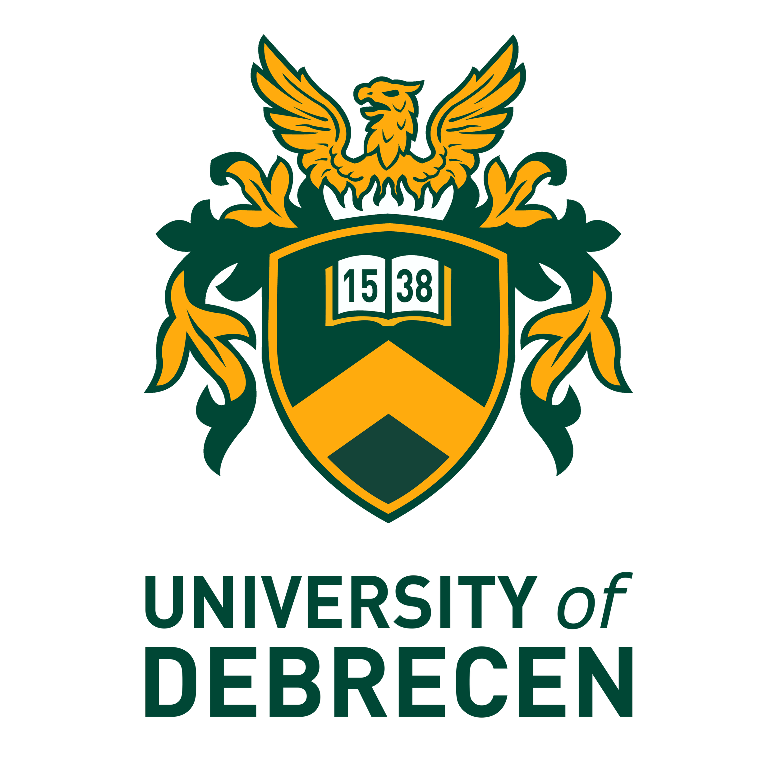 The crest of the University of Debrecen featuring a shield with a green background, a yellow chevron, a book with the year 1538, topped with a golden eagle with wings spread, surrounded by green and yellow foliage, with the name "University of Debrecen" below.