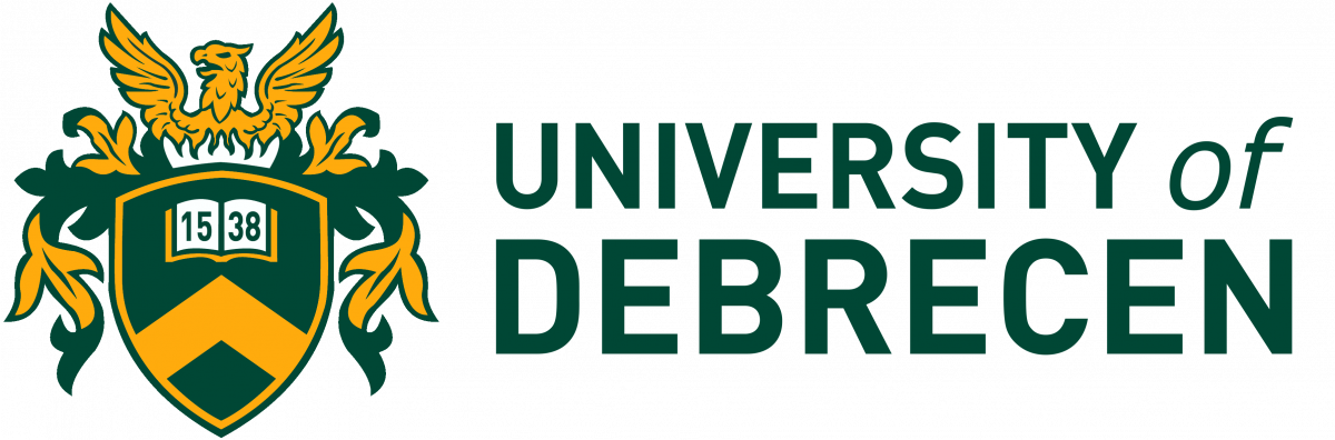 University of Debrecen logo with shield and crest, including a family crest with a smiling open book and the numbers 15 and 38, and the university name next to it.