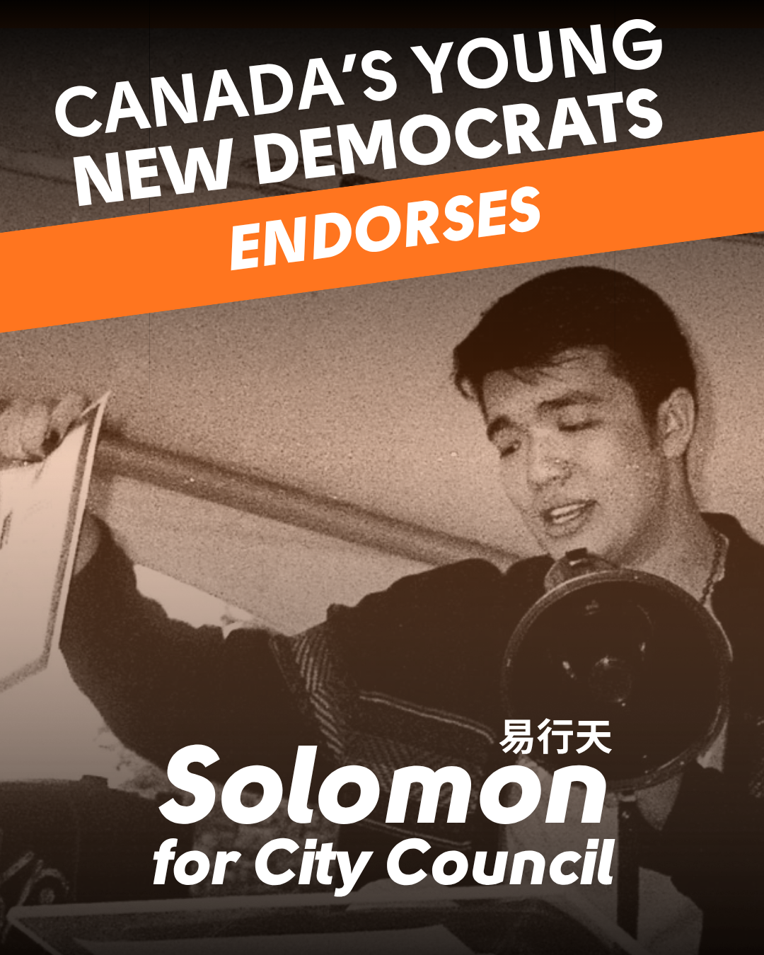 Pictured; Solomon Yi-Kieran holding up a letter from Premier David Eby at their Rally for the UBC SkyTrain. Text; Canada's Young New Democrats endorses Solomon for City Council
