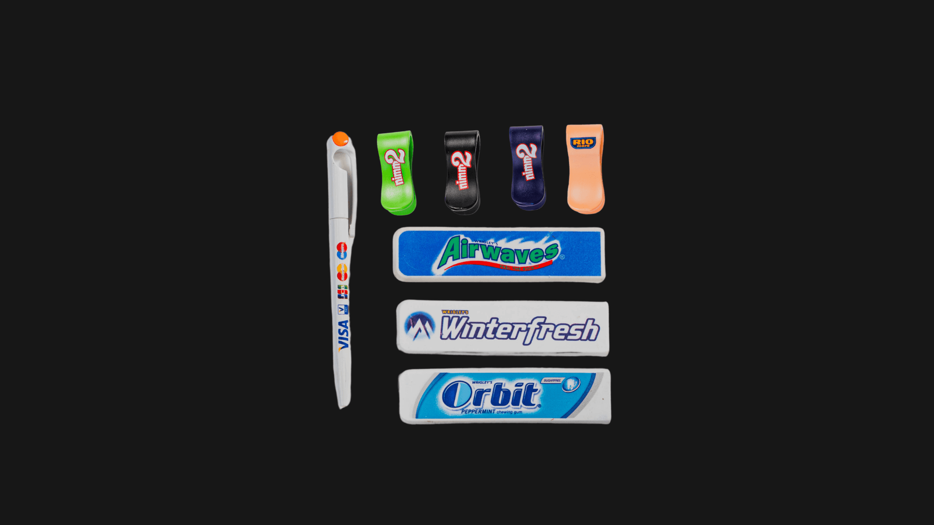 Pen, gum packaging, and branded socks pad printed with multi-color marketing material for promotional products