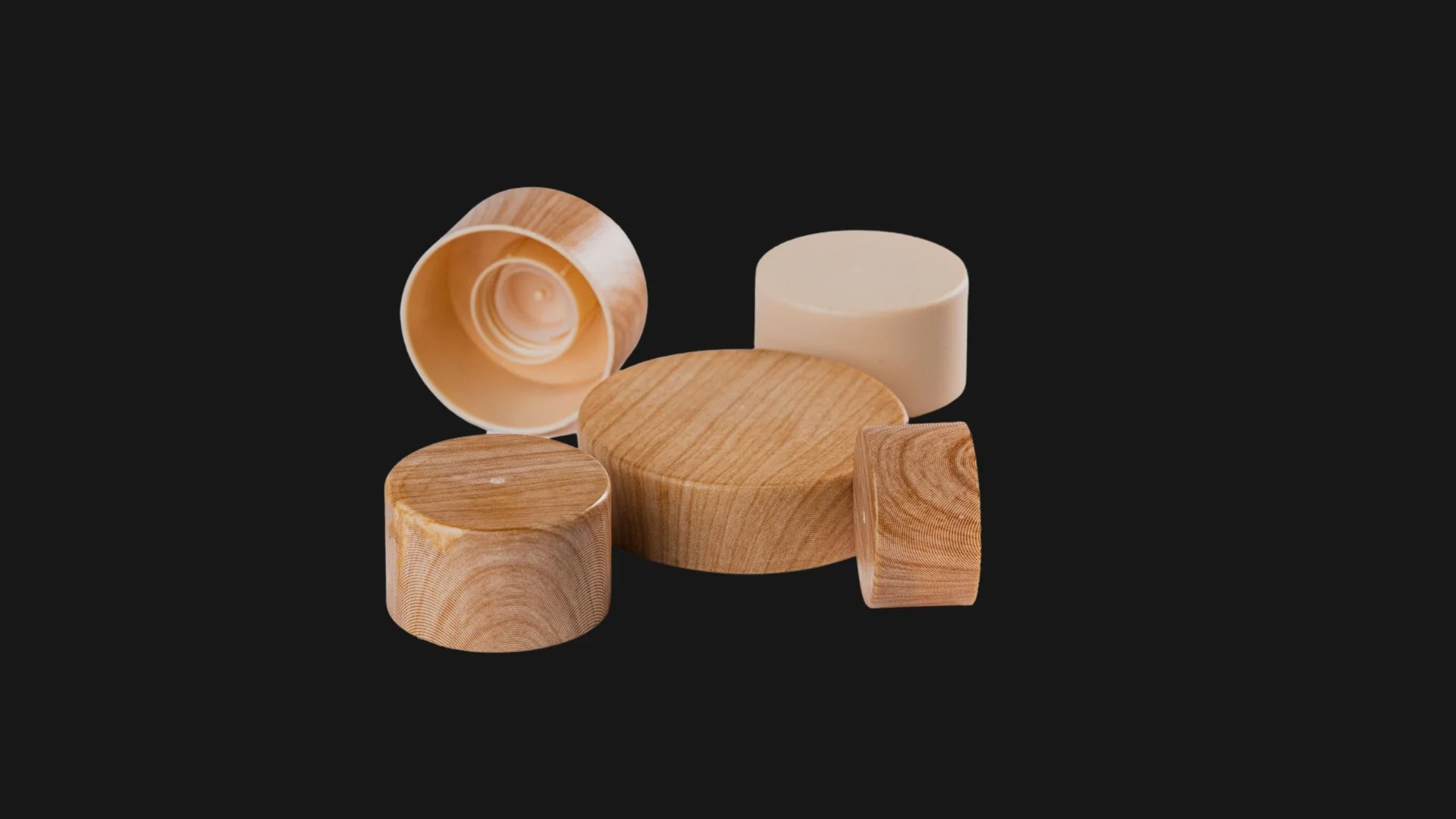 Plastic cosmetic caps with pad printed decorative wood-grain finishes