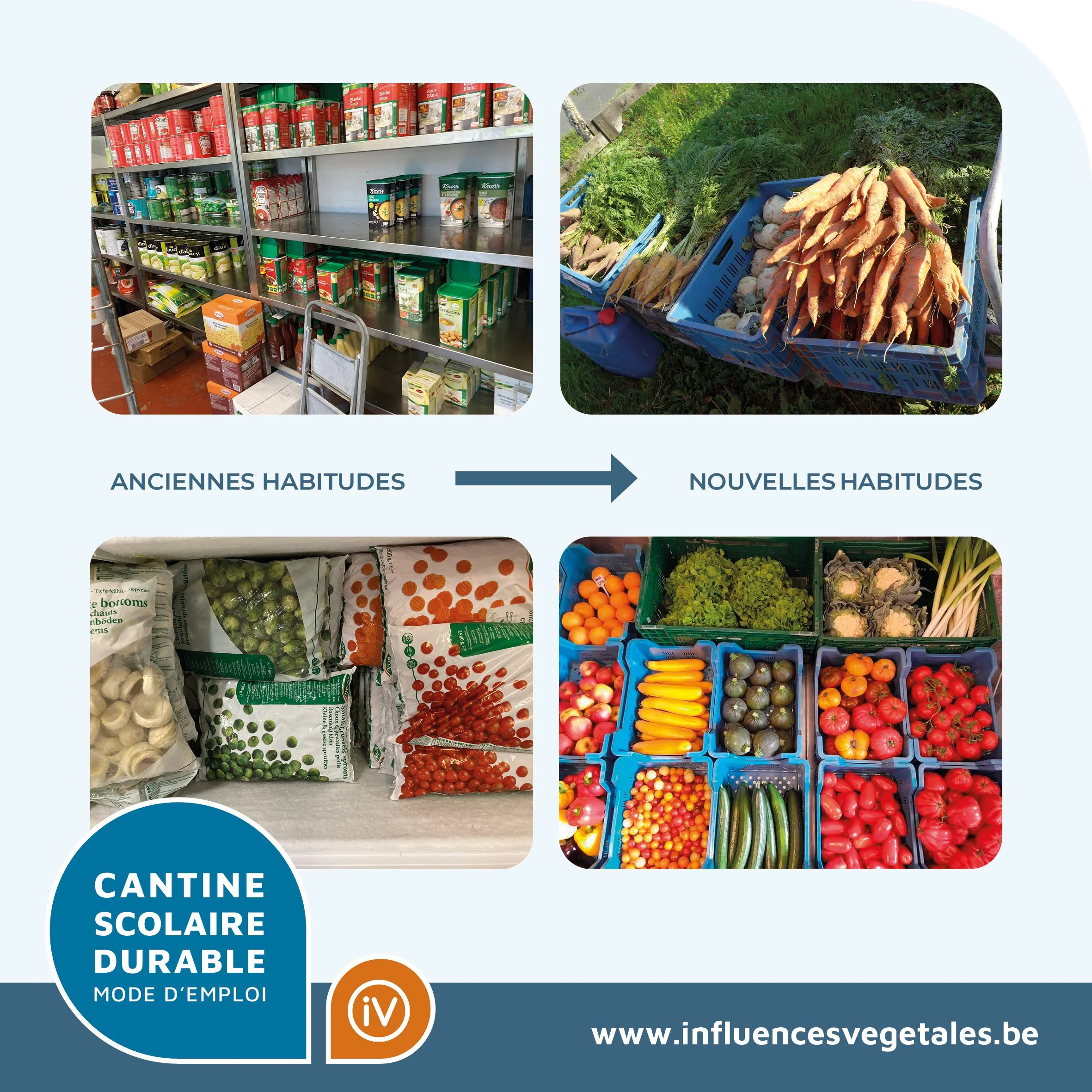 Affiche illustrant la transition des habitudes alimentaires avec beaucoup de produits hyper transformés vers de nouvelles habitudes saines et durables.