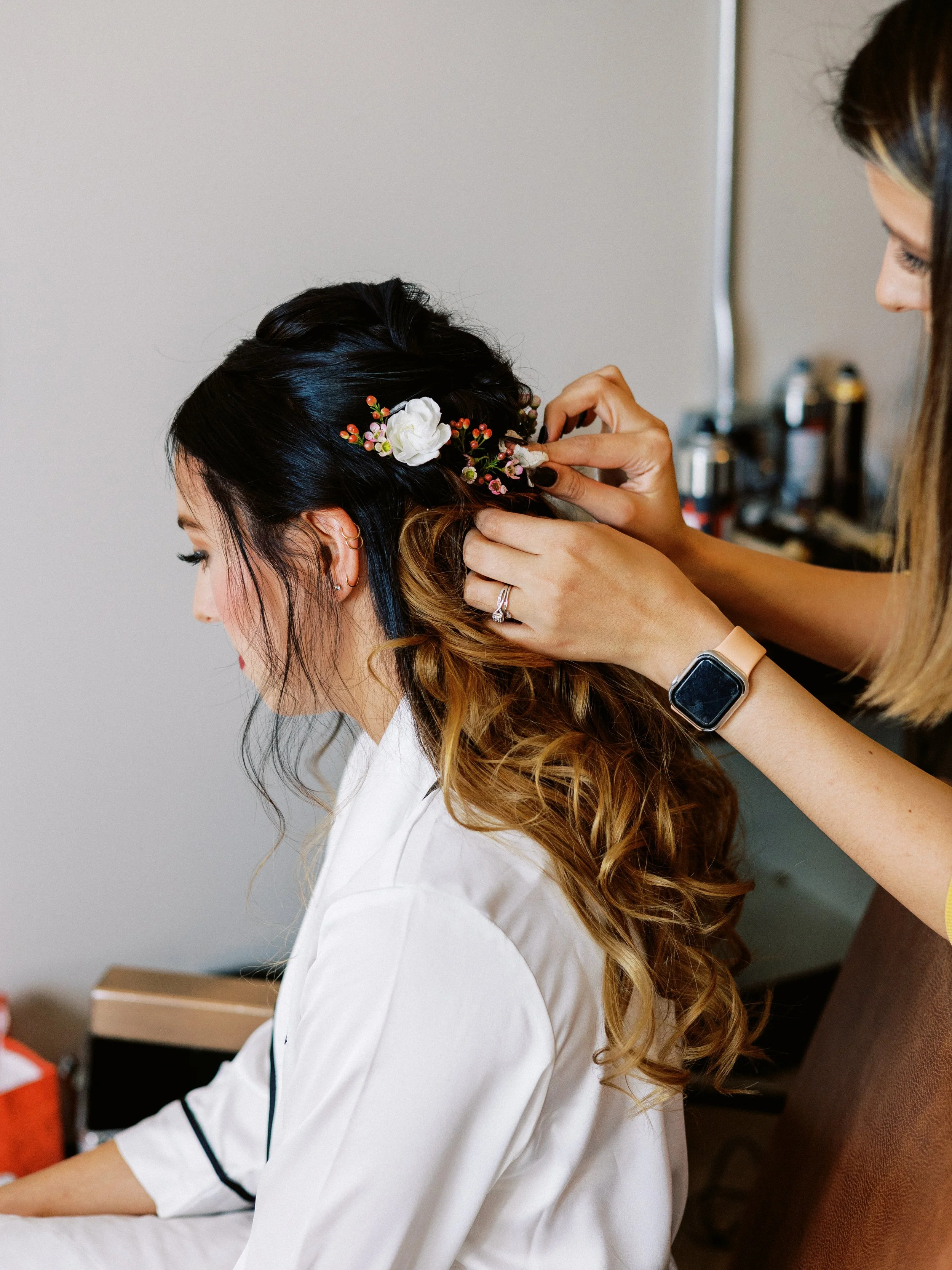 Amelia Thorp Hair & Makeup in Phoenix does a  romantic half up hairstyle on a bride in Downtown Phoenix, Arizona. Photo by Delight in the Desert Photography