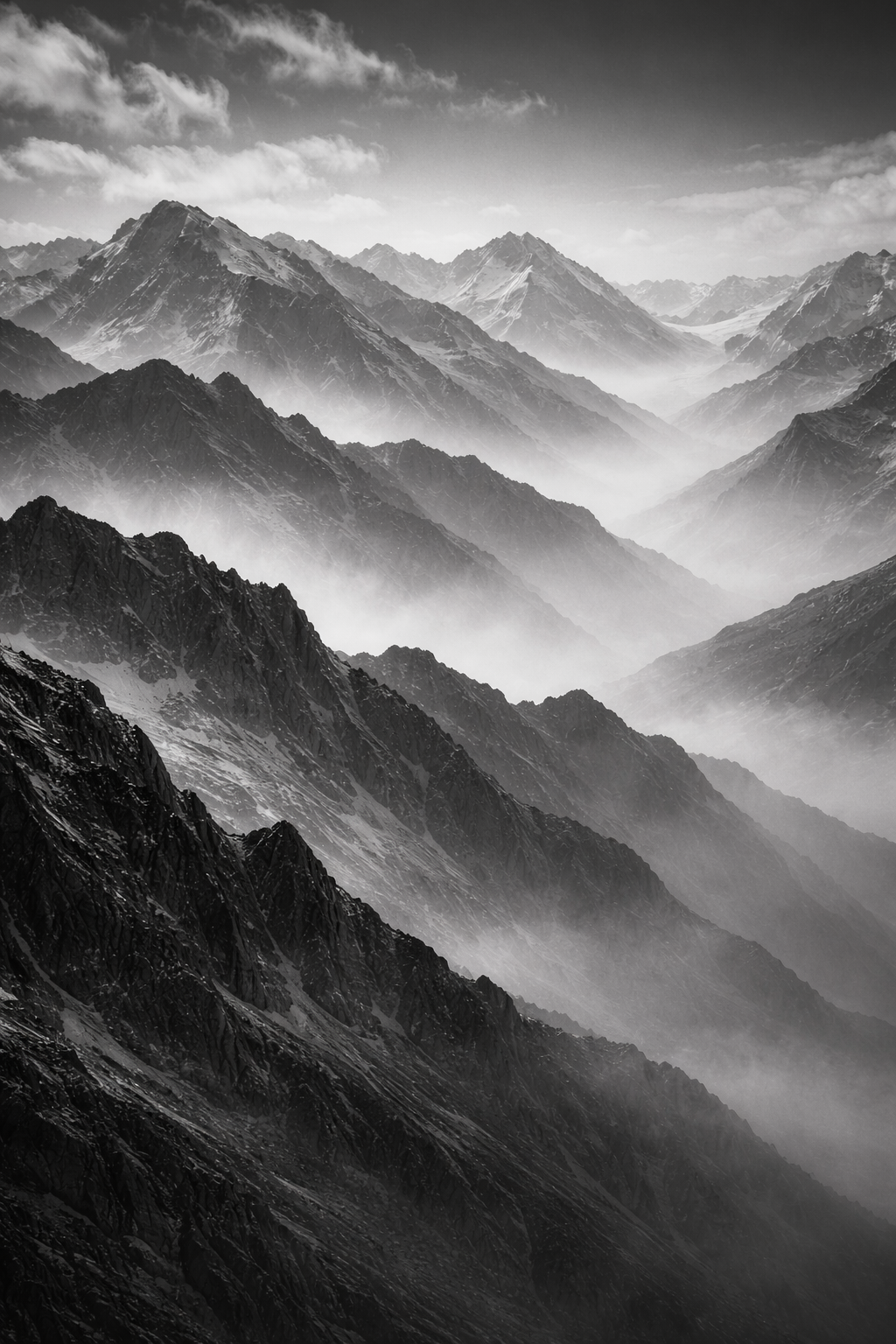 Black and white alpine mountain ridges with layered rock and mist