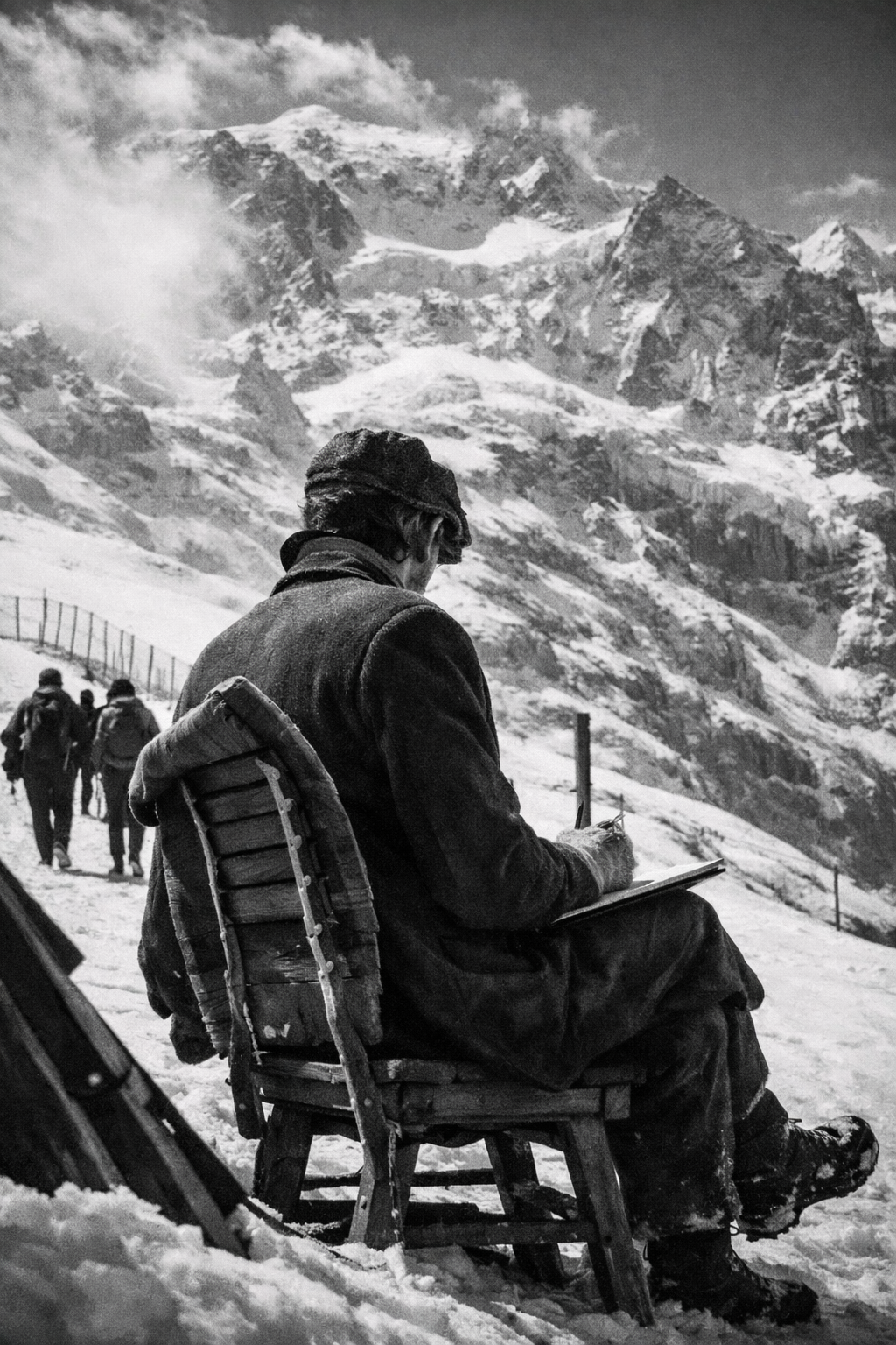 Black-and-white photograph of a man seated in the snow sketching while facing a dramatic alpine mountain landscape in the Bernese Oberland, conveying reflection, vision and architectural intent.