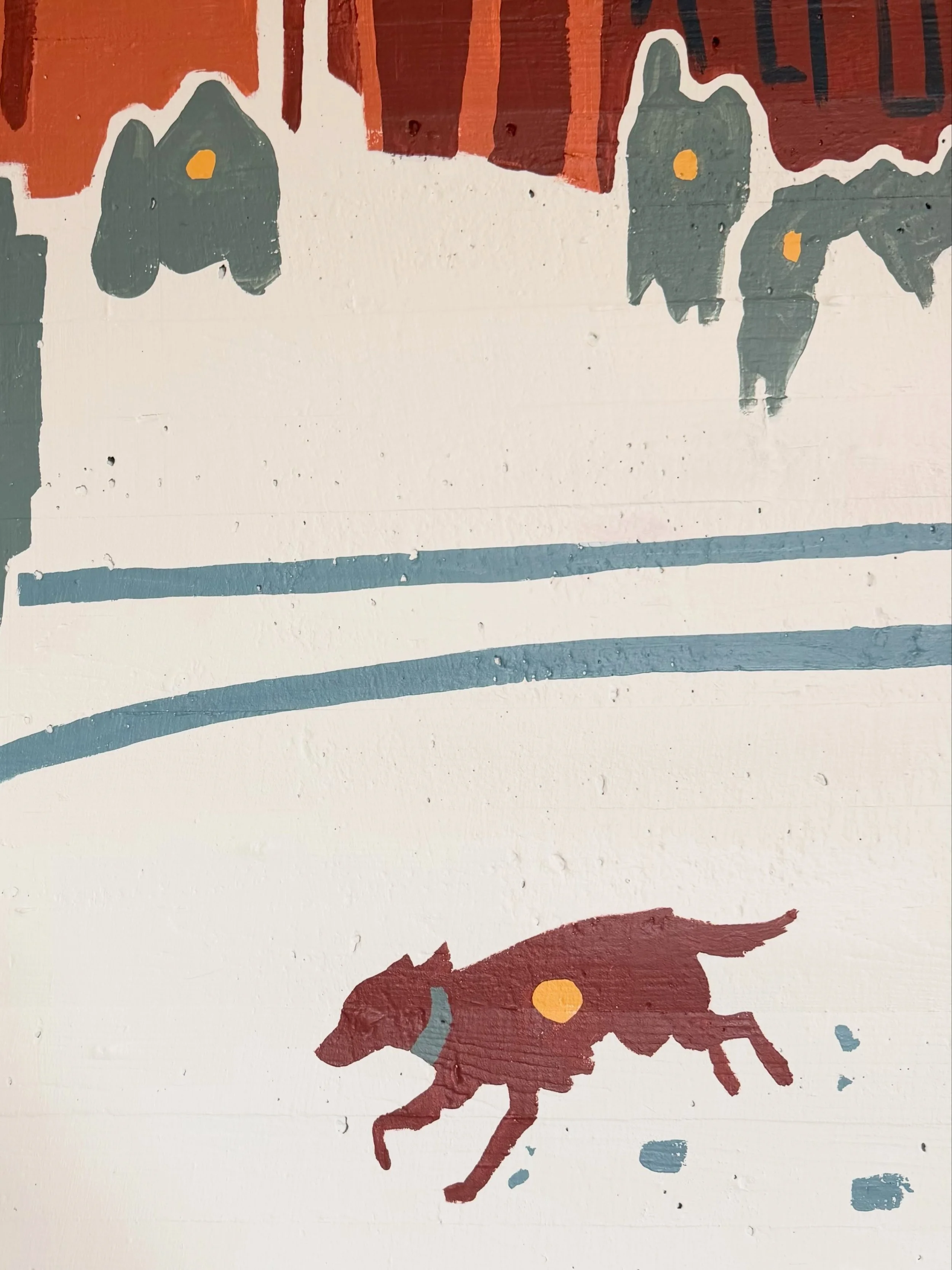 Hamsunsenteret rommer forskjellige typer kunst som du kan finne rundt om i v&aring;re etasjer. Bildene viser utsnitt av Sonja Langskj&aelig;rs veggmaleri fra Sult som pryder en hel vegg i 5. etasje. Det projiserte Hamsun/Sult-portrettet er skapt av f