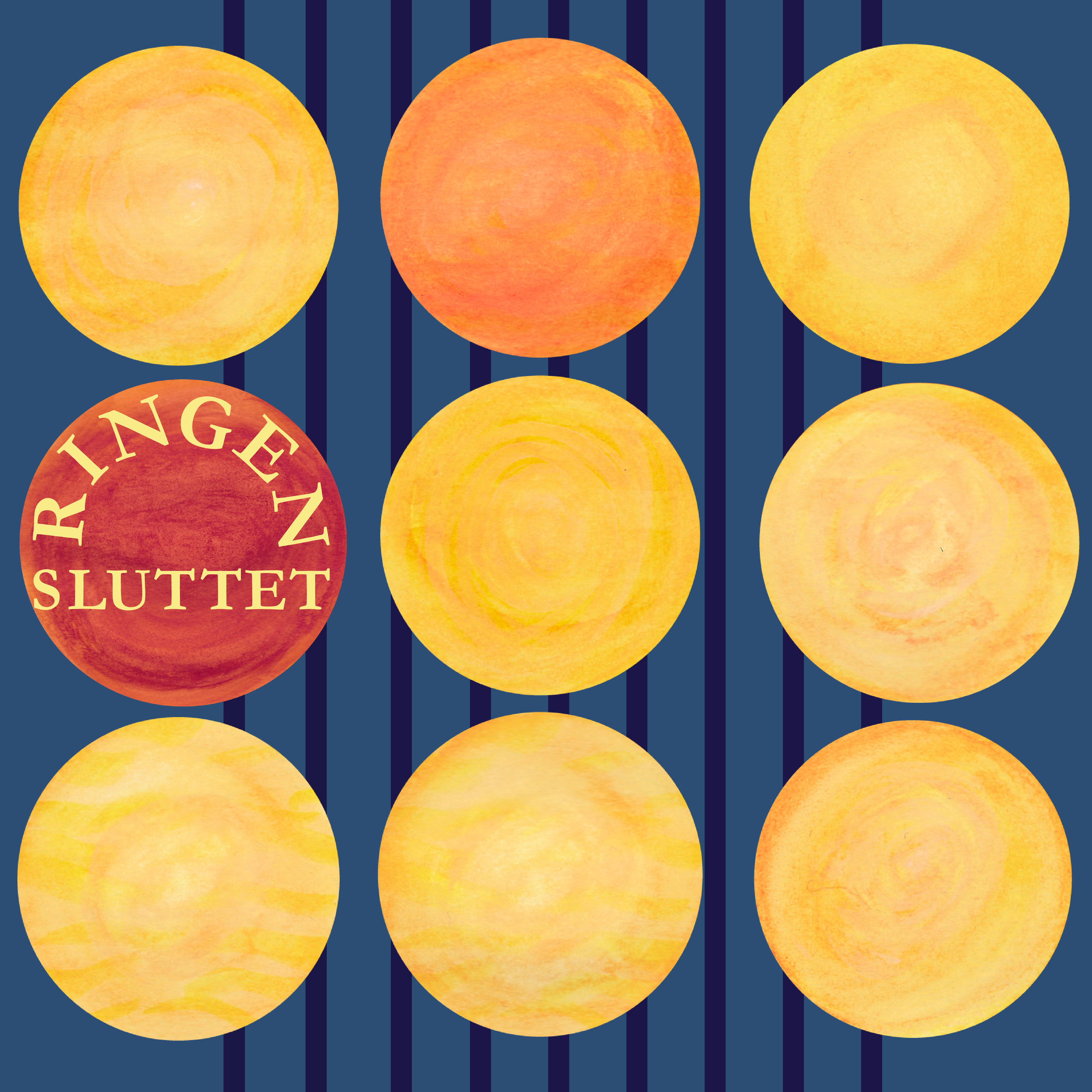 Bild av en grafisk illustration med gula och orange sirkler mot en mörkblå og stripet bakgrunn, delvis dekket av en rød sirkel med teksten 'RINGE SLUTTEY'.