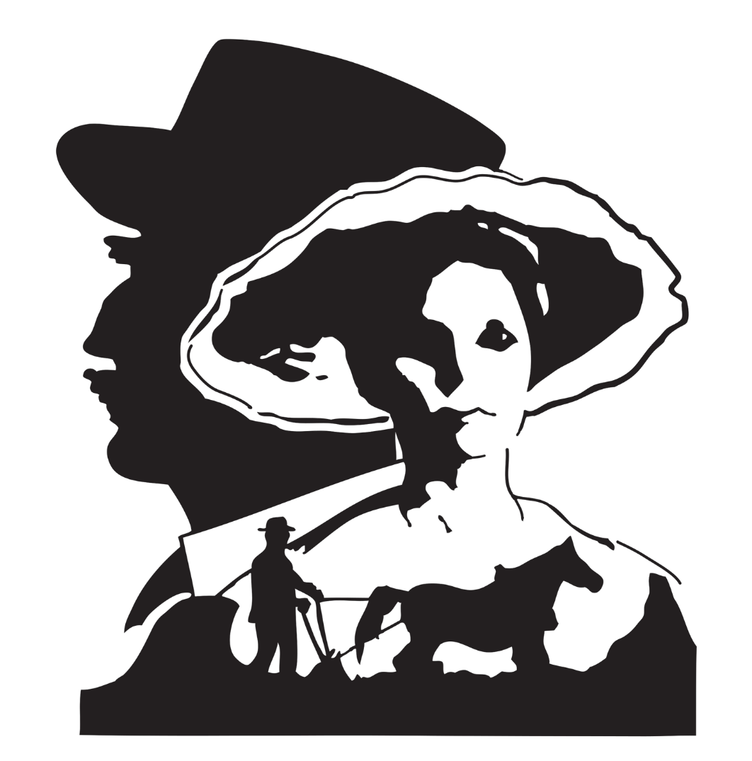 Silhuett av en person med en cowboyhatt, sammen med en ku, og en liten figur med en hund.
