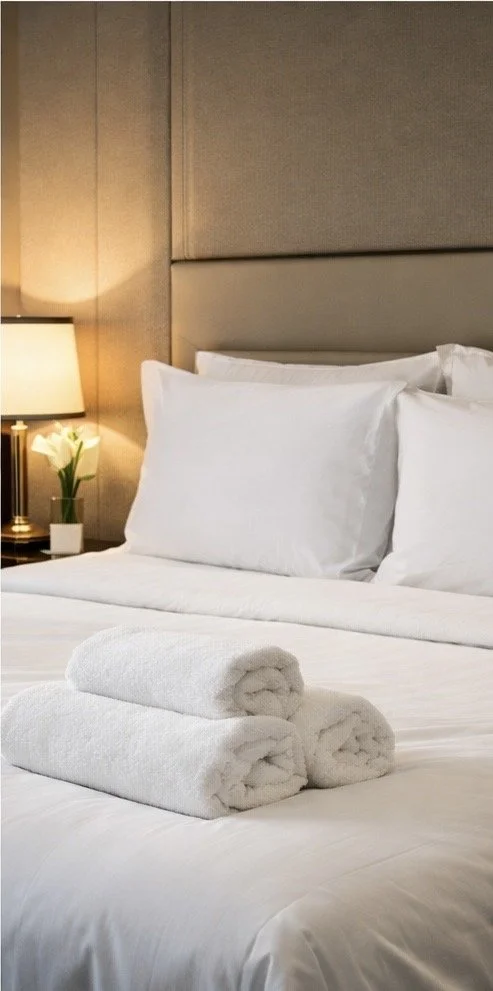 Linge hôtelier propre sur lit d’hôtel à Marrakech