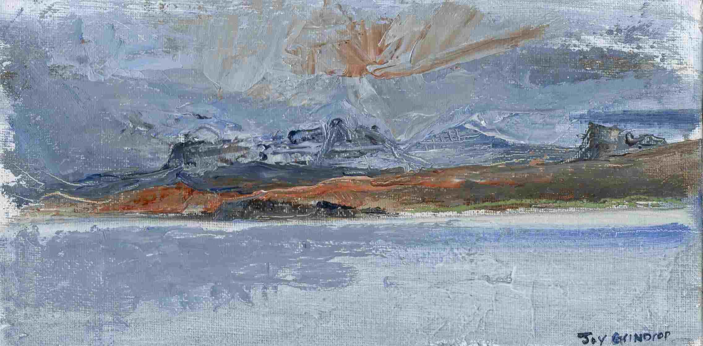 Abstract landscape painting of a mountain range with clouds and a body of water in the foreground, displaying shades of blue, gray, brown, and hints of green.