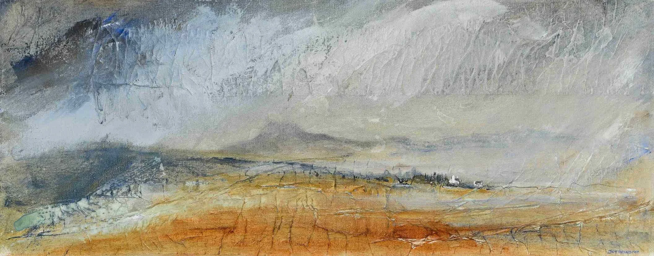 An abstract landscape painting depicting a stormy sky with dark clouds and a mountain in the distance. The foreground features earthy orange and brown tones with a small settlement. The painting appears textured with visible brush strokes and cracks.