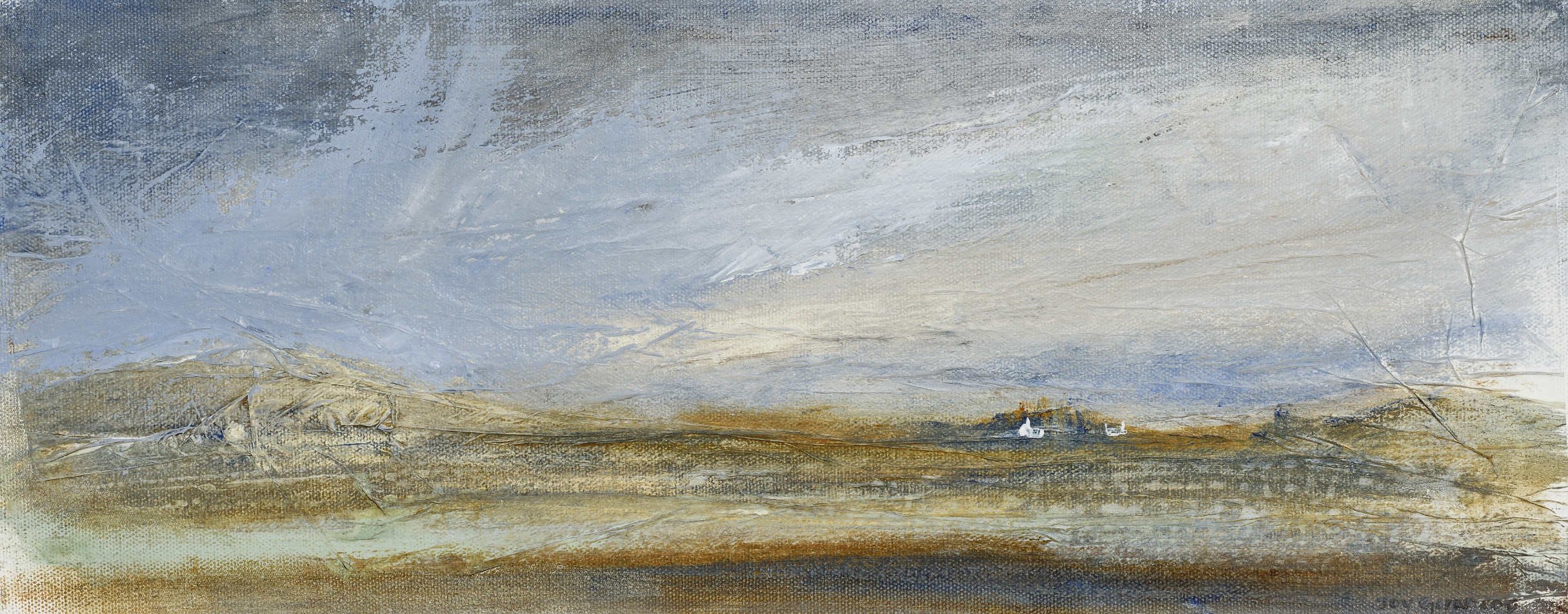 A landscape painting of a cloudy sky over a calm, expansive land with a small white house and cluster of trees in the distance.