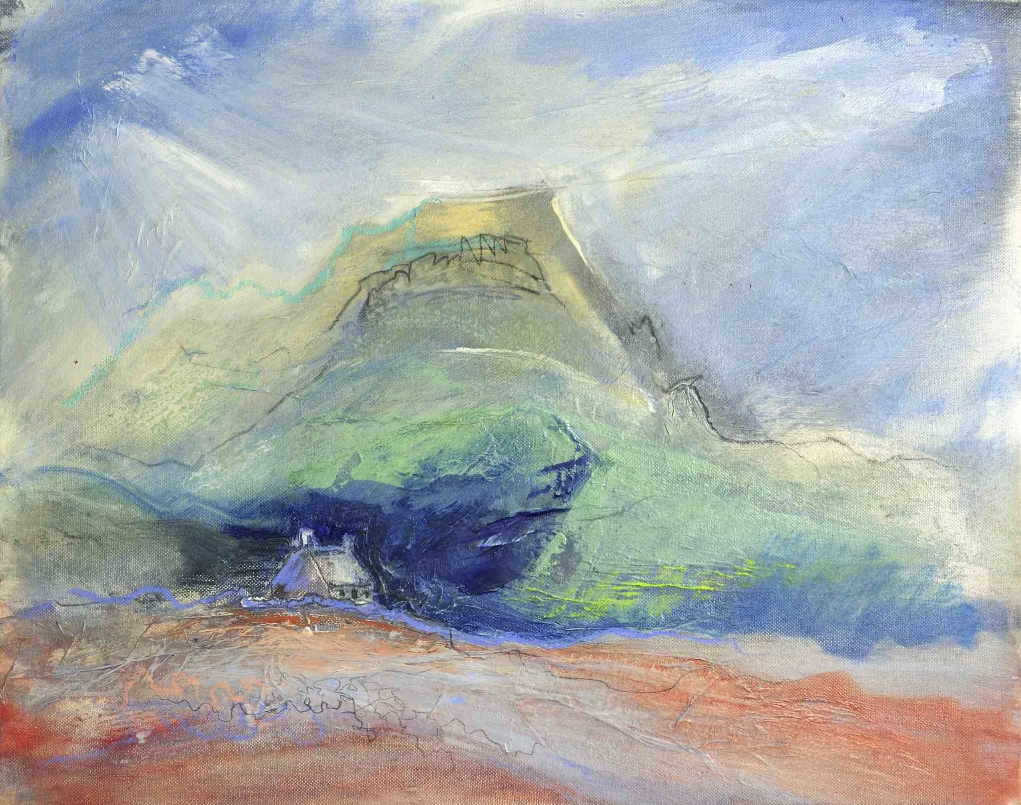 An oil and mixed media painting of a large mountain with green slopes, a small house at the base, and a partly cloudy sky above.