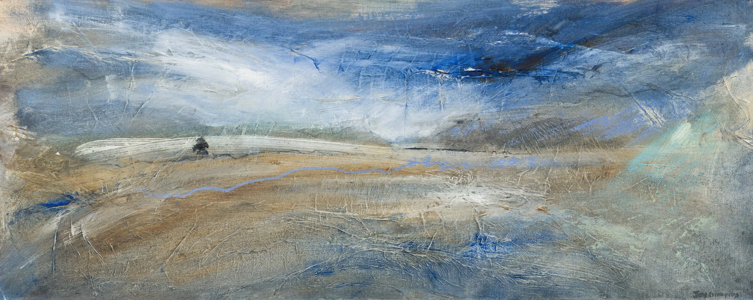Abstract landscape painting depicting a wide sky with varying shades of blue, gray, and white, over a beige and brown land with patches of blue water and a distant single tree.