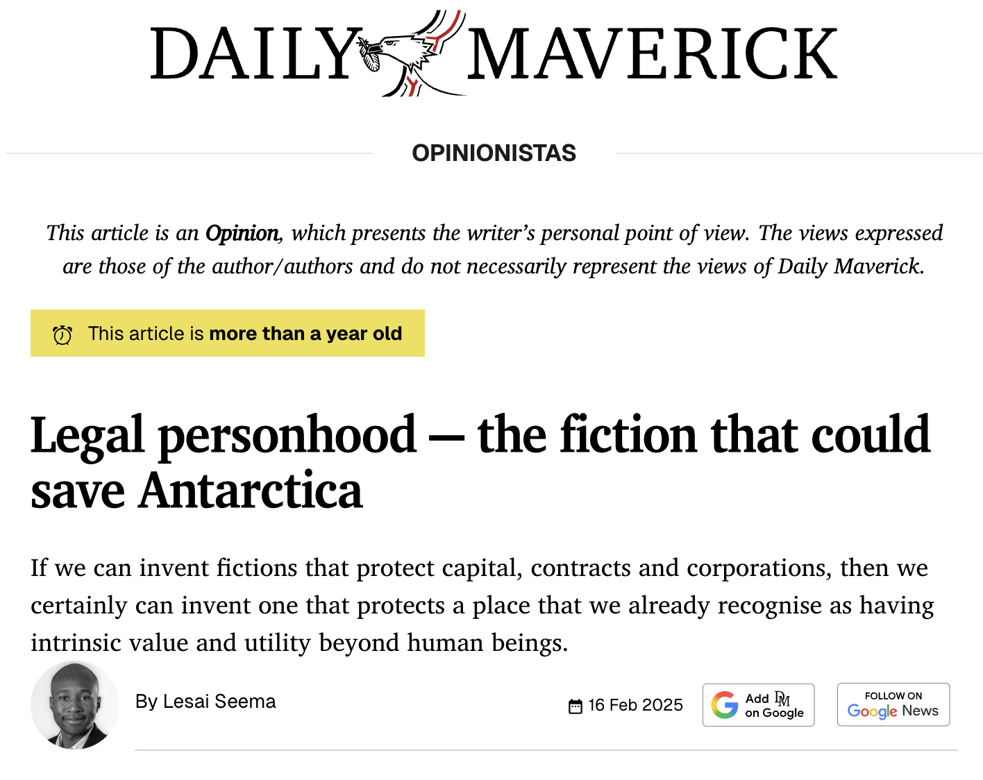Daily Maverick: Legal personhood — the fiction that could save Antarctica