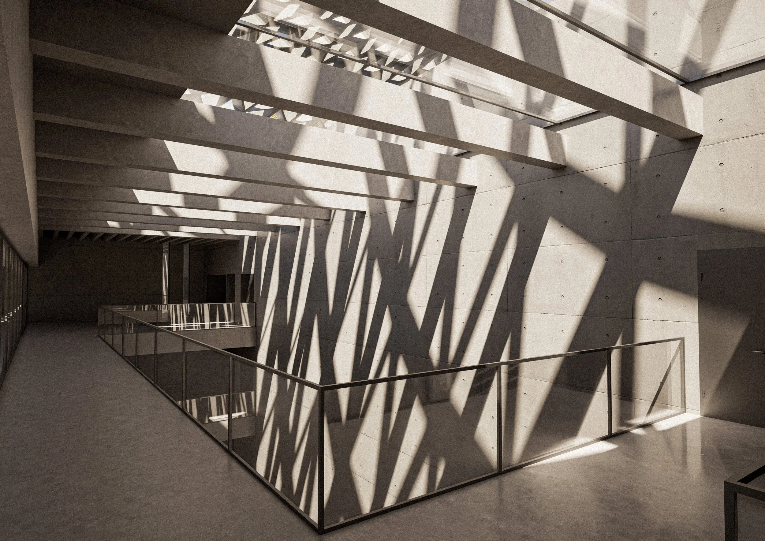 Modern interior with concrete walls and floors, featuring a staircase with glass and metal railing. Shadows cast by the staircase create geometric patterns on the wall.