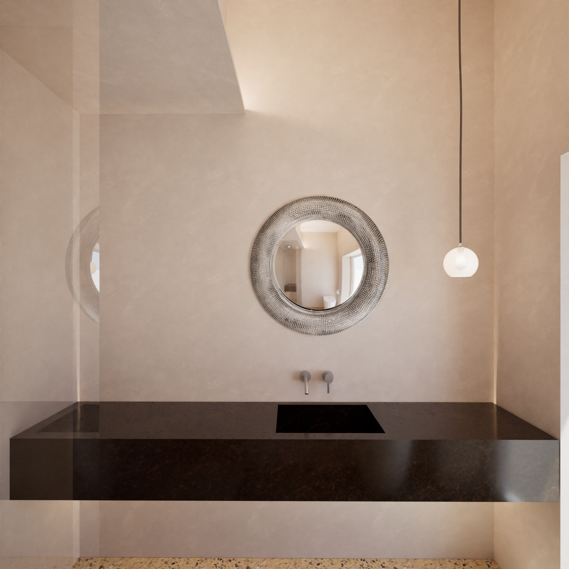 Minimalist bathroom with a black countertop, round mirror, wall-mounted faucet, beige walls, round hanging light, and visible reflection of a window.
