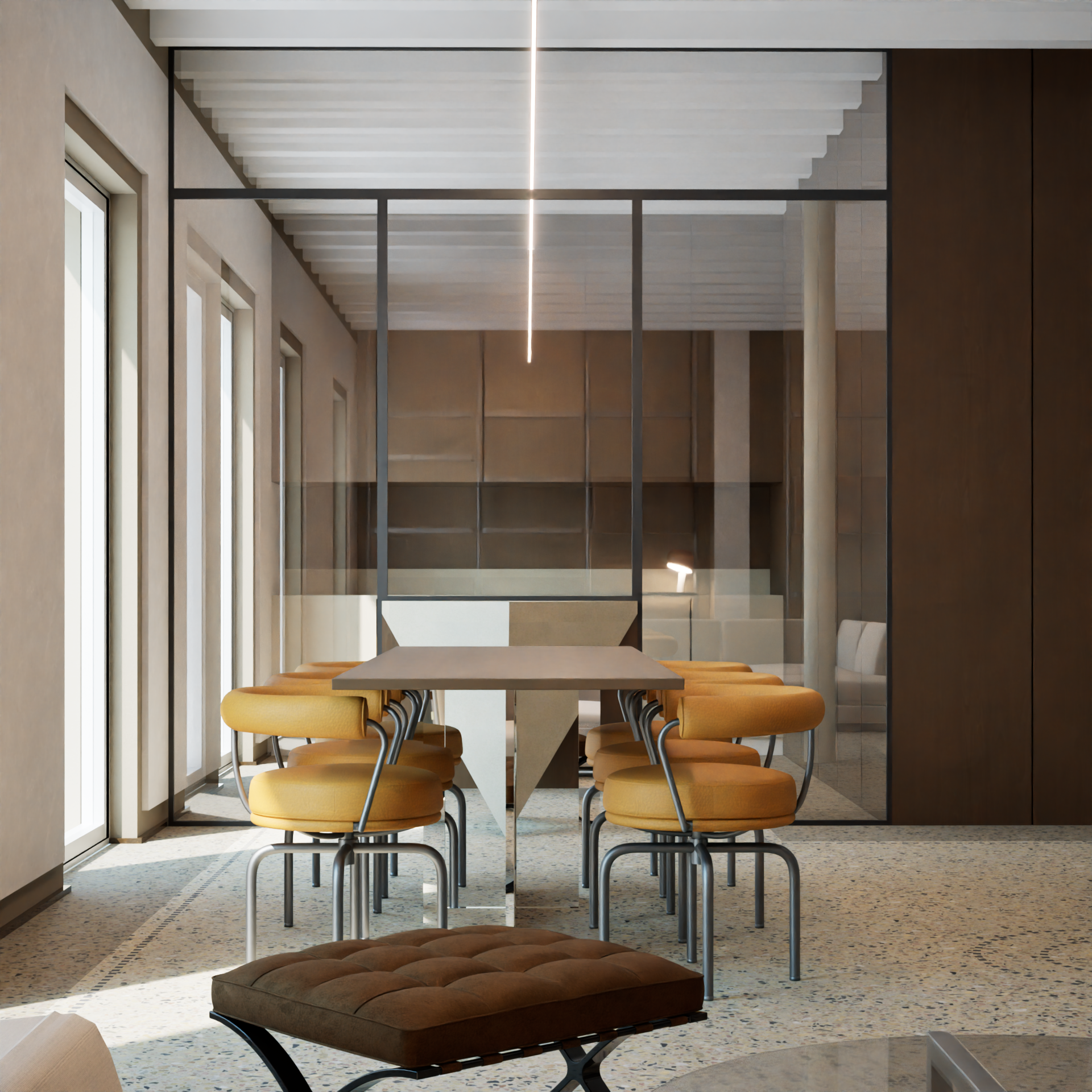 Modern dining area with a rectangular table, yellow cushioned chairs, floor-to-ceiling windows on the left, and a glass partition.