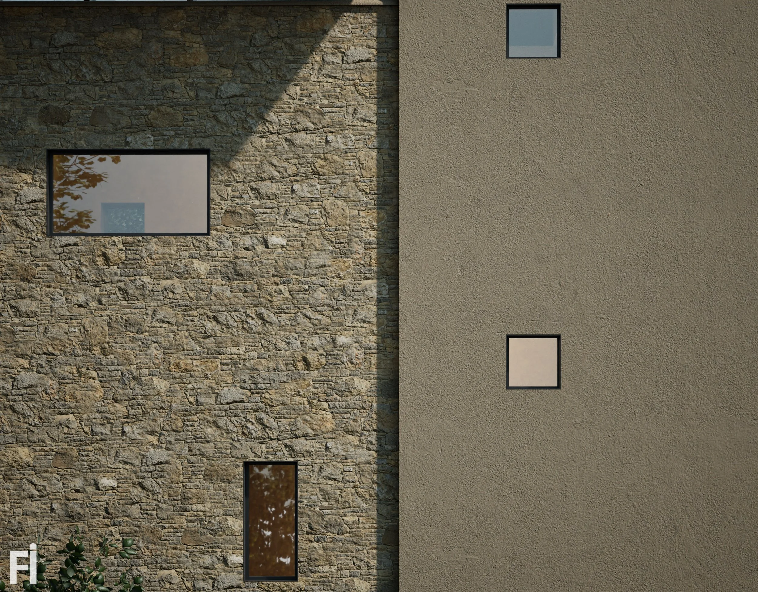 View of a modern building exterior with a stone facade on the left and a textured beige wall on the right. The building has four windows, two on each section, with reflections of trees and sky in the glass.