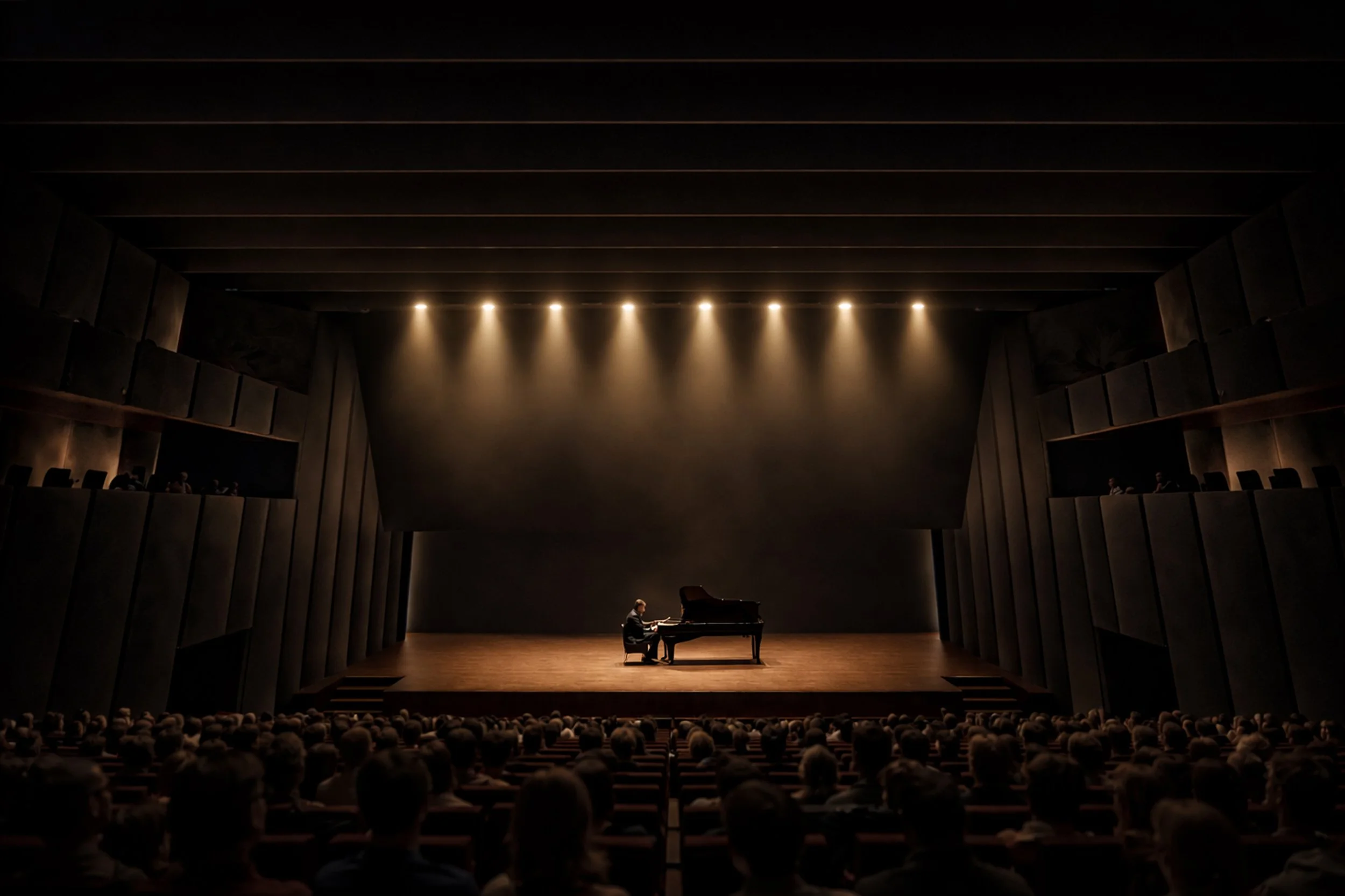 A performer playing a grand piano on a large stage with an audience in a concert hall.