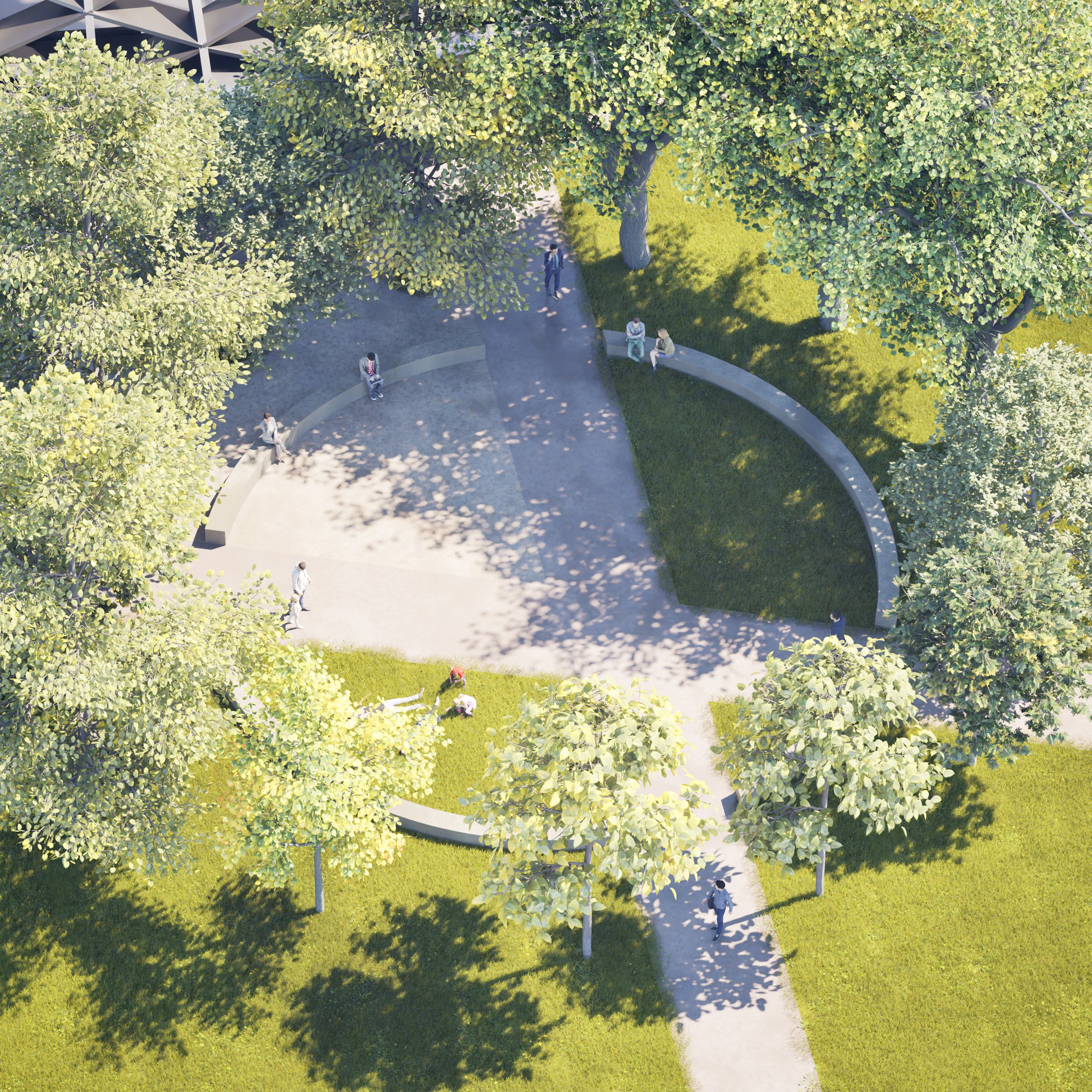 An aerial view of a park with curved walkways, green grass, and several large trees providing shade. People are sitting on benches, walking, and relaxing.