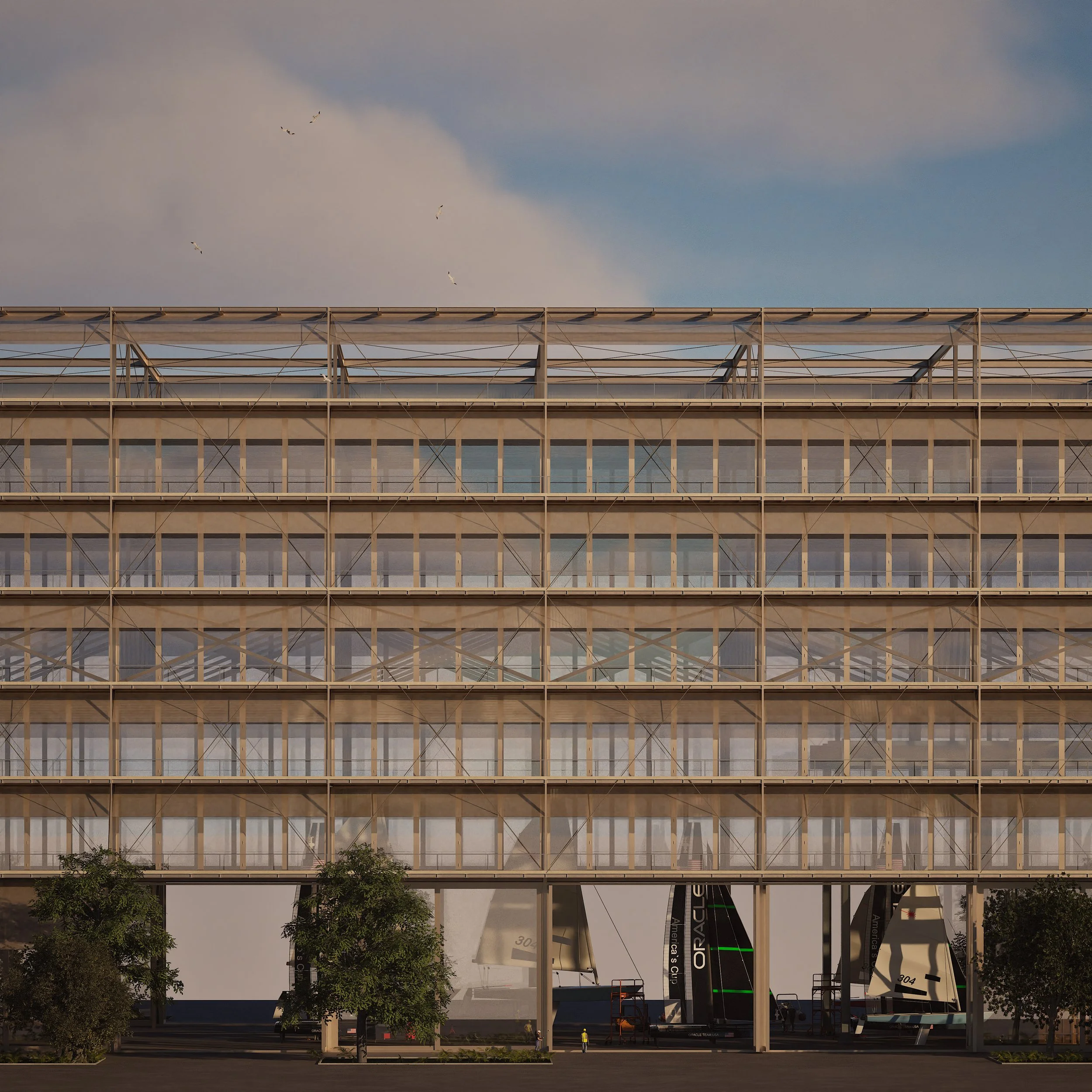 Architectual rendering of modern multi-story shipyard, minimal architecture and ahestetic with a glass facade and visible structural framework, with boats on display underneath at street level and trees in front.