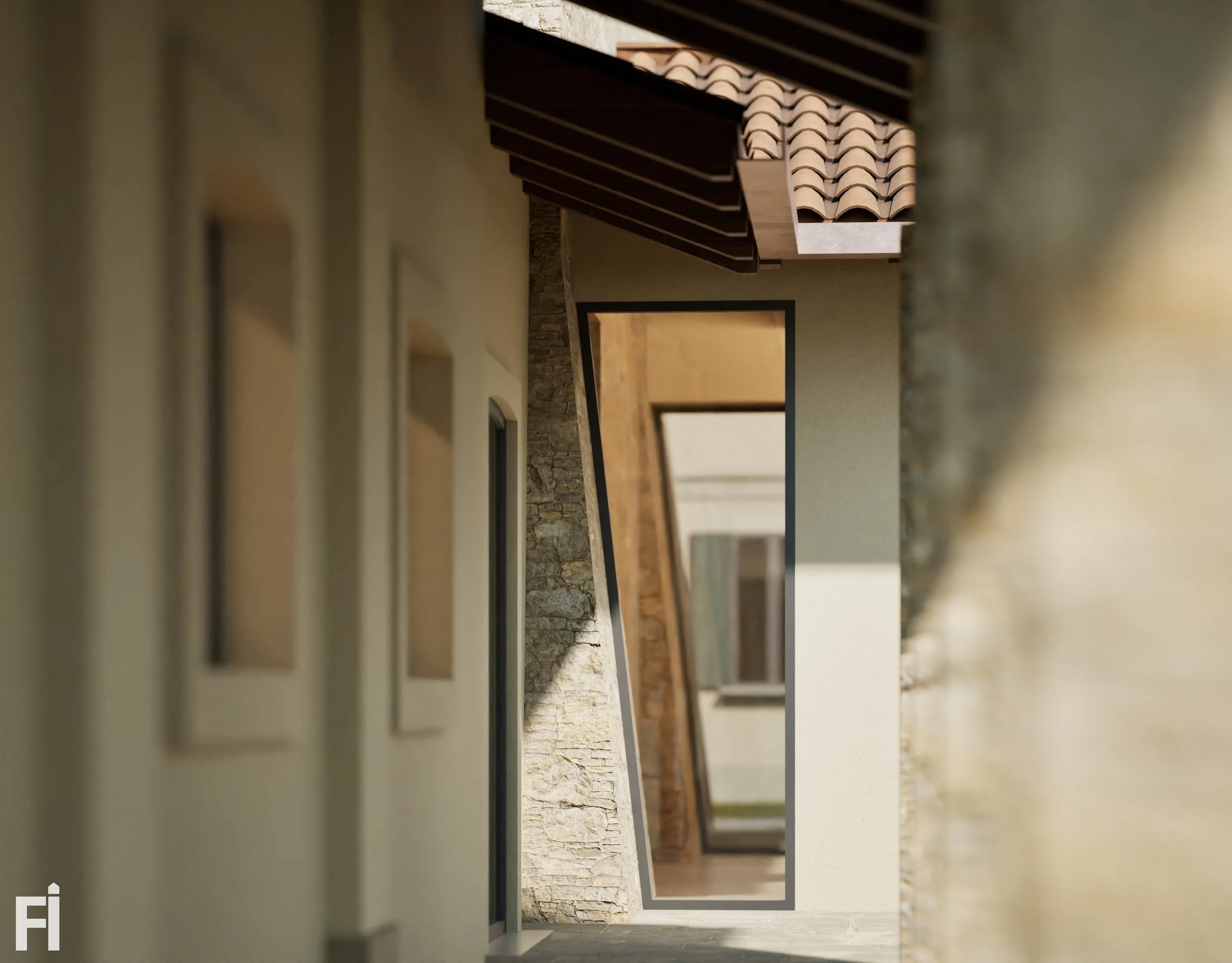 Architectural rendering of a series of windows and an open door along a corridor with stone and plaster walls, viewed from outside.