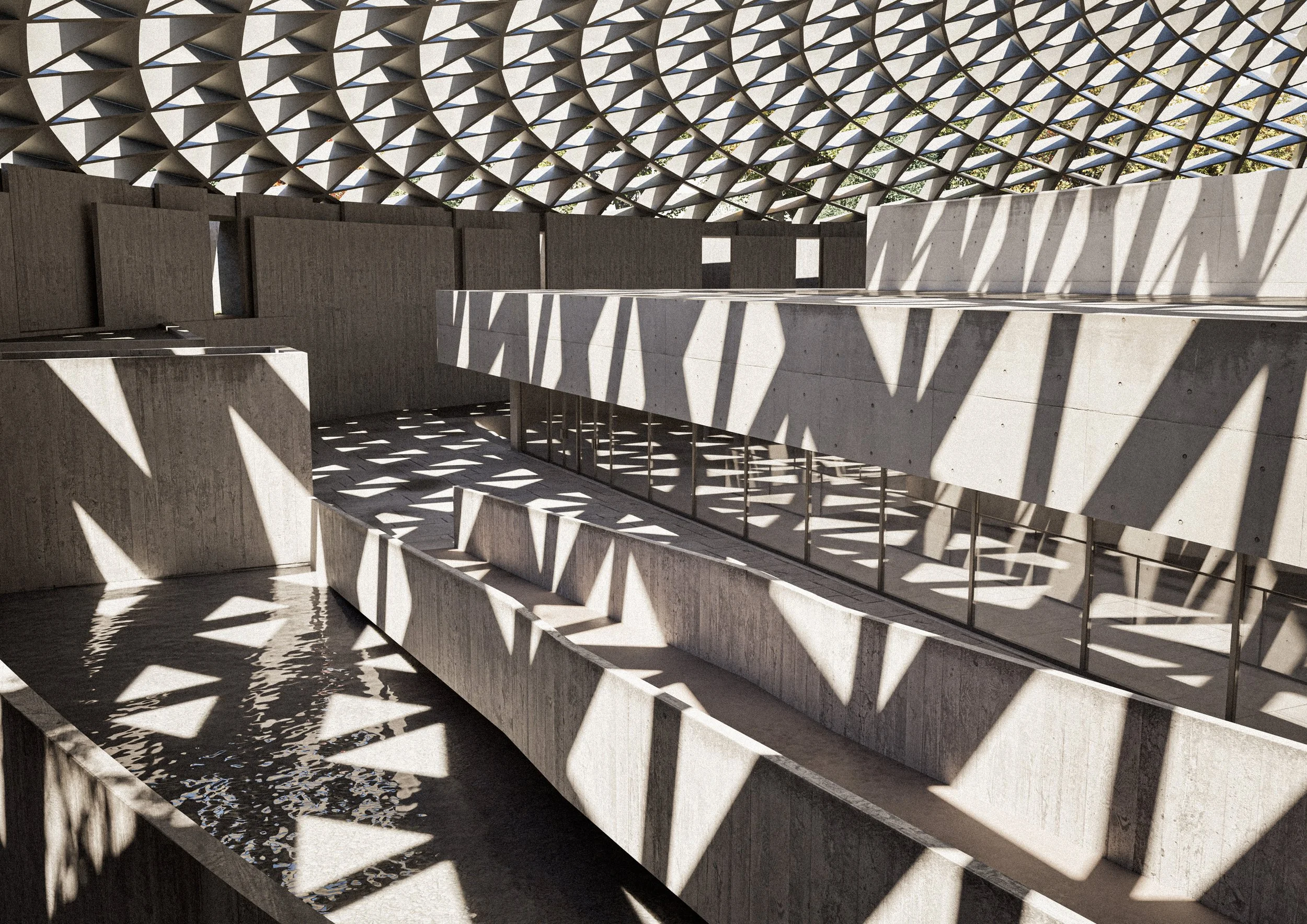 Architectural structure with concrete walls and geometric patterned roof casting angular shadows on interior surfaces.