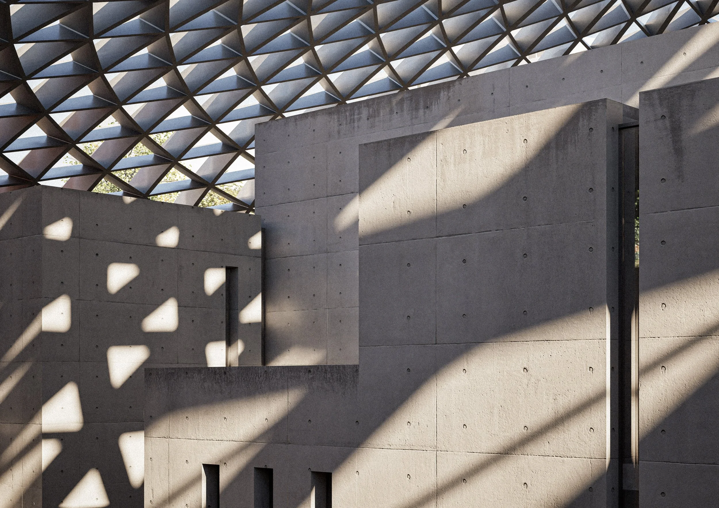 Modern architectural building with concrete walls and a geometric metal lattice roof casting shadows on the walls.
