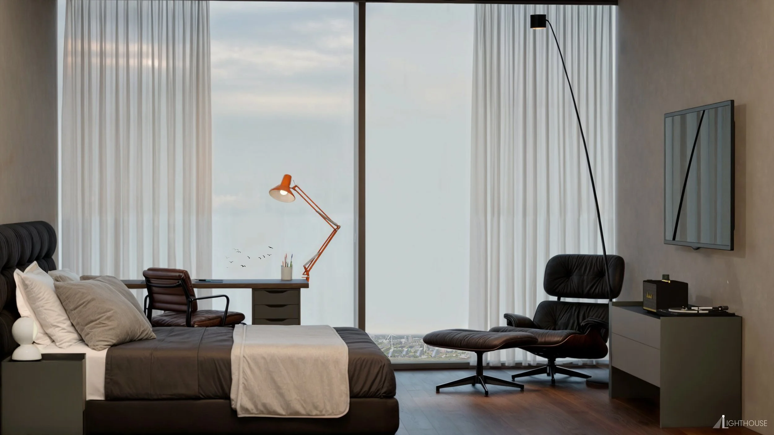 Modern hotel room with large window, bed with gray and white bedding, black headboard, black lounge chair with ottoman, desk with orange lamp, wall-mounted TV, dark wooden floor, and curtains.