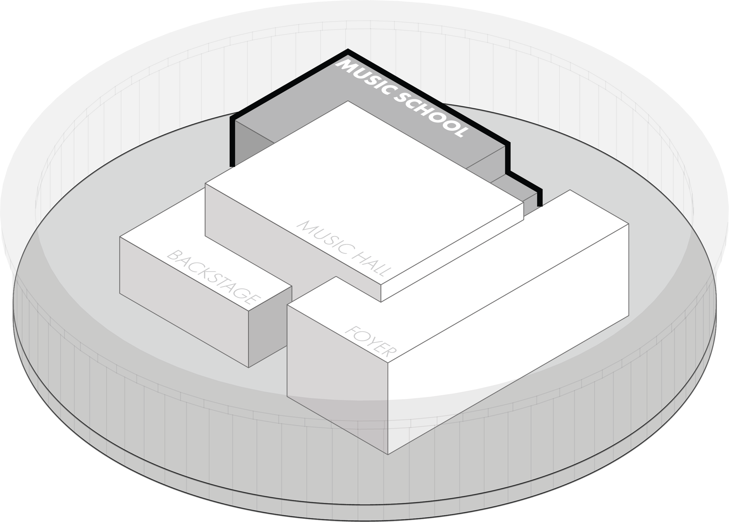 A floor plan of a music school layout showing a music hall, backstage, foyer, and music school sections.
