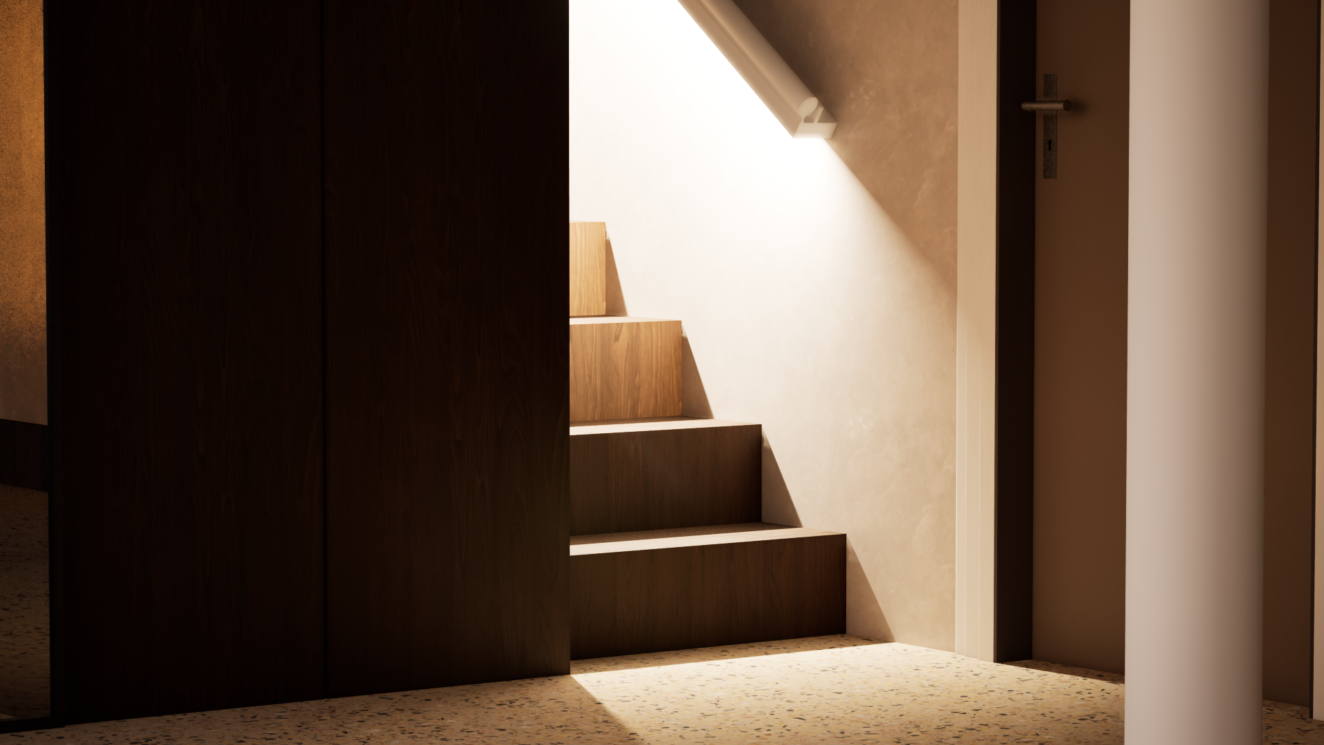 Wooden stairs next to a beige wall, with a white railing at the top, and part of a door frame on the right