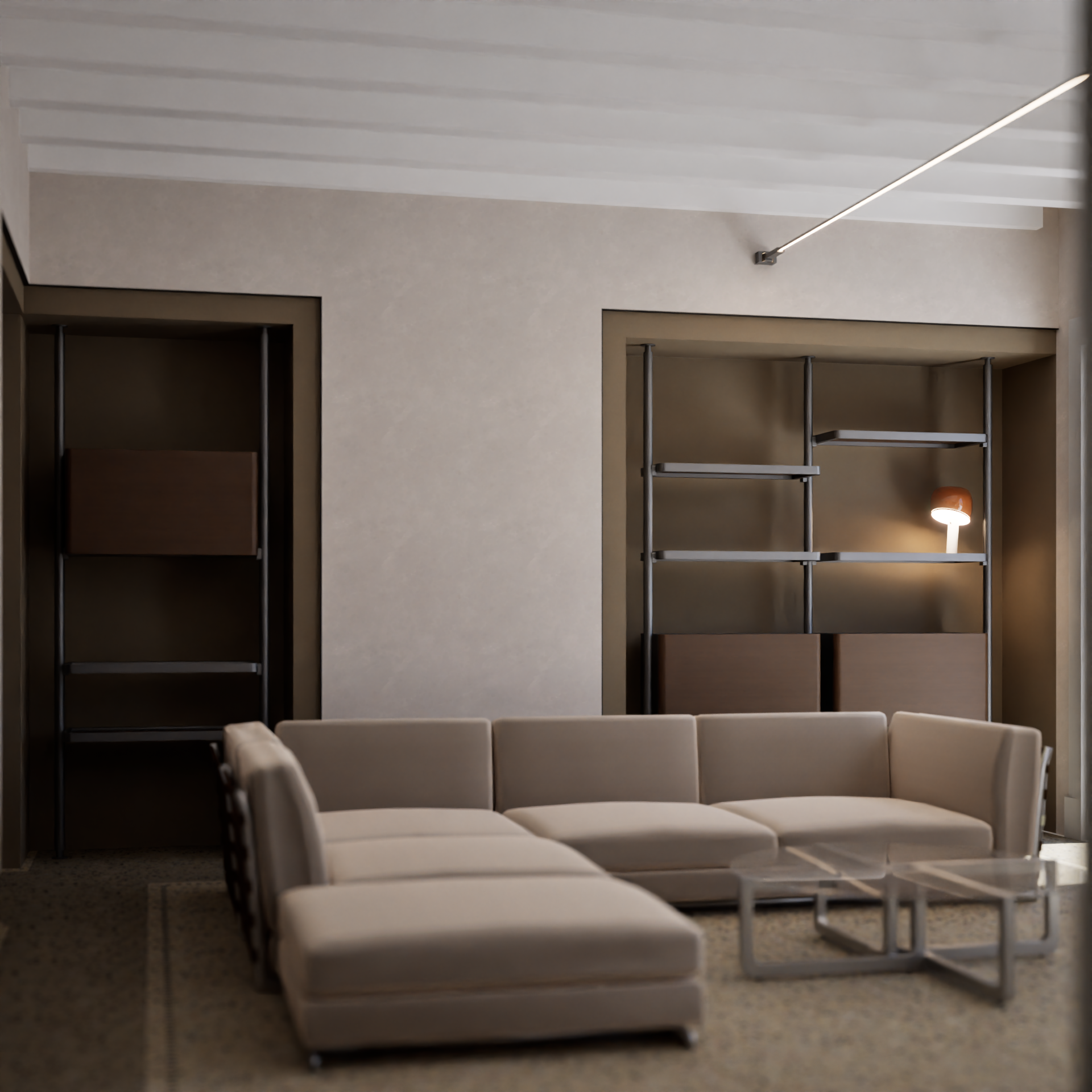 Minimalist living room with beige sectional sofa, glass coffee tables, and built-in shelving units with a small lamp turned on.