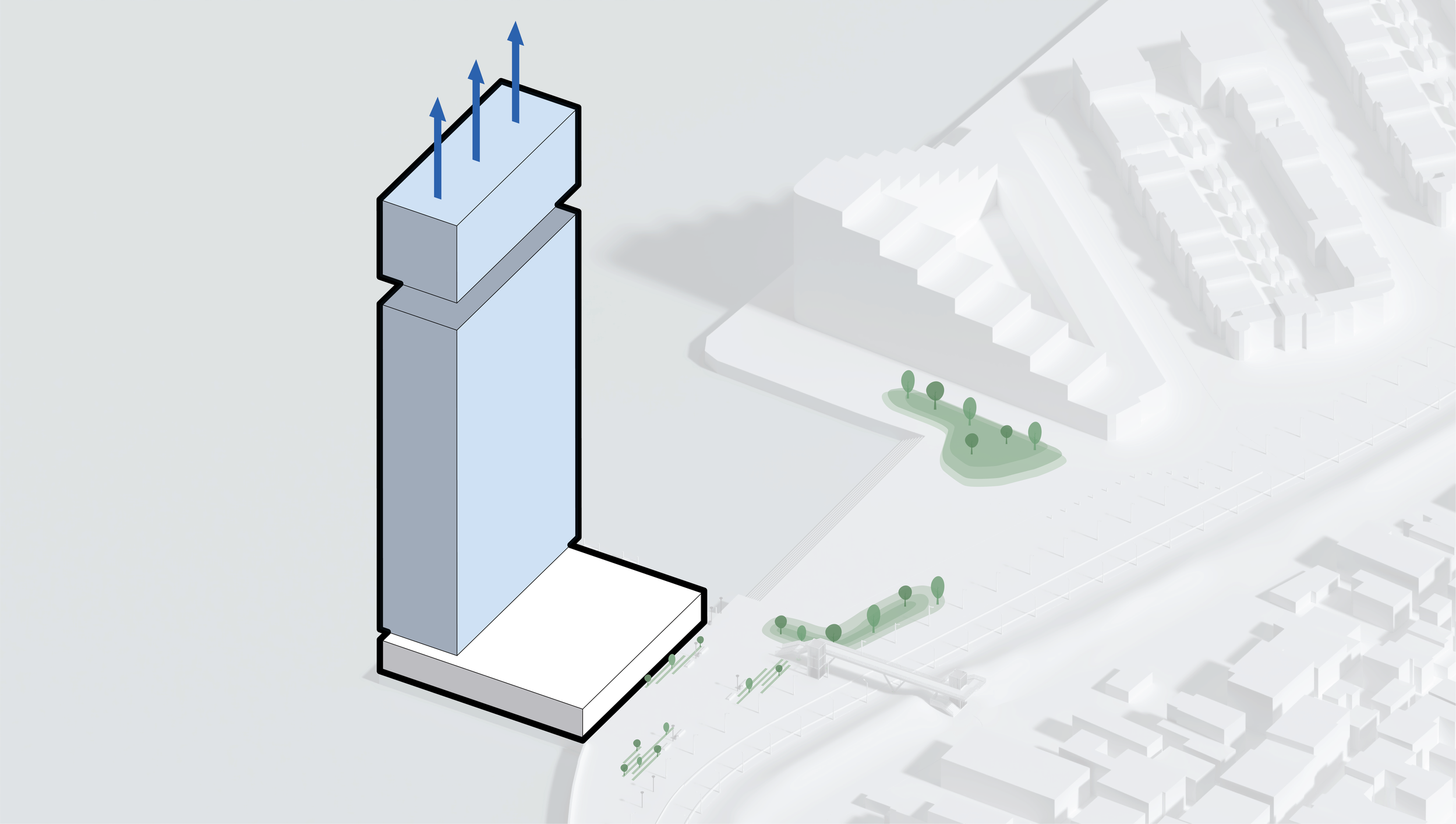 Architectural drawing of a tall high-rise building with three upward arrows on top, blue color, outlined in black, with surrounding park and smaller buildings in background.